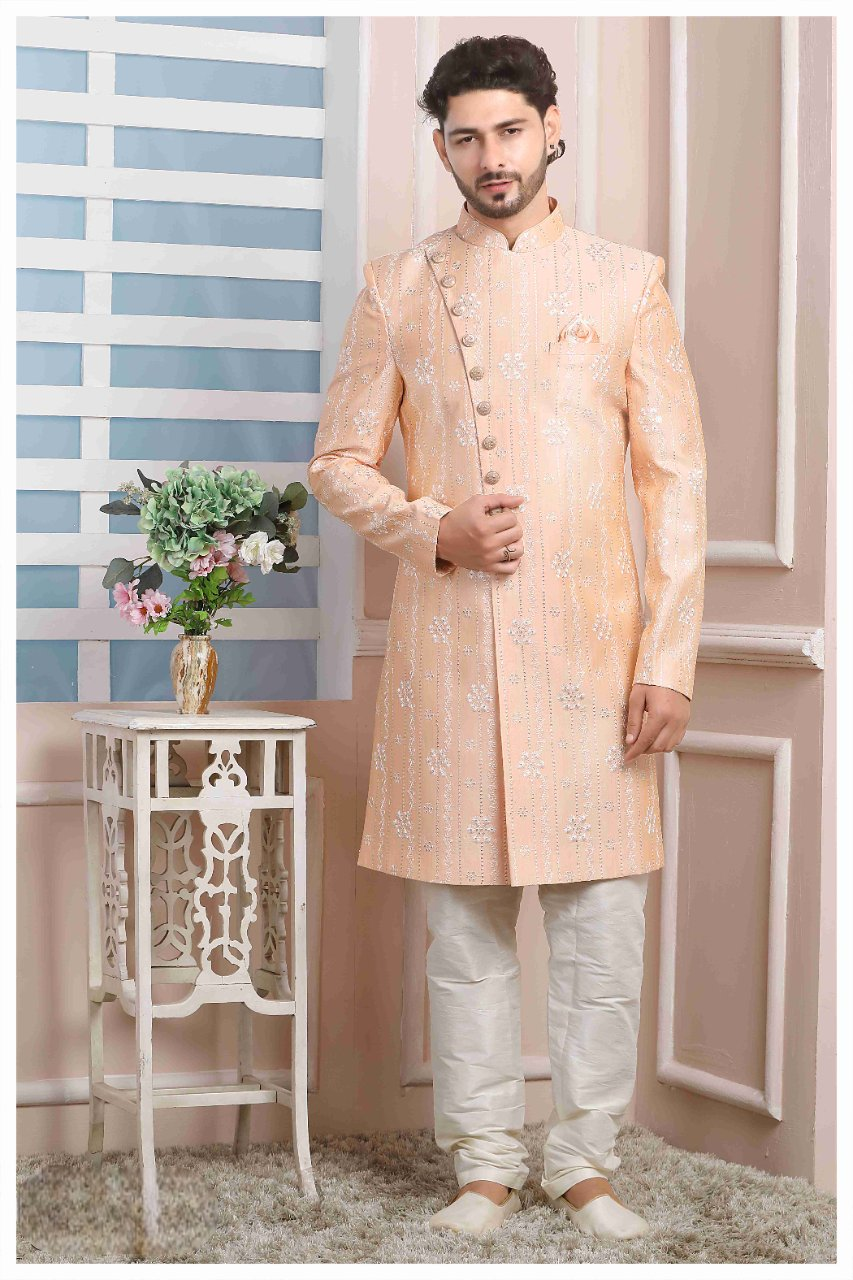 Raivat Ethnic Art Silk Thread Work Indo Western In Peach Colour