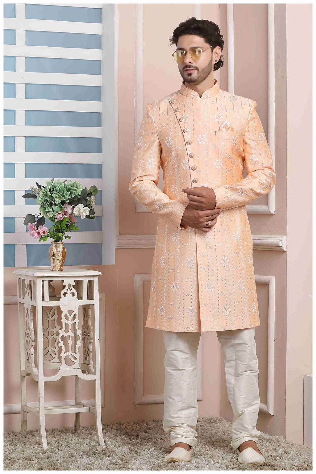 Raivat Ethnic Art Silk Thread Work Indo Western In Peach Colour