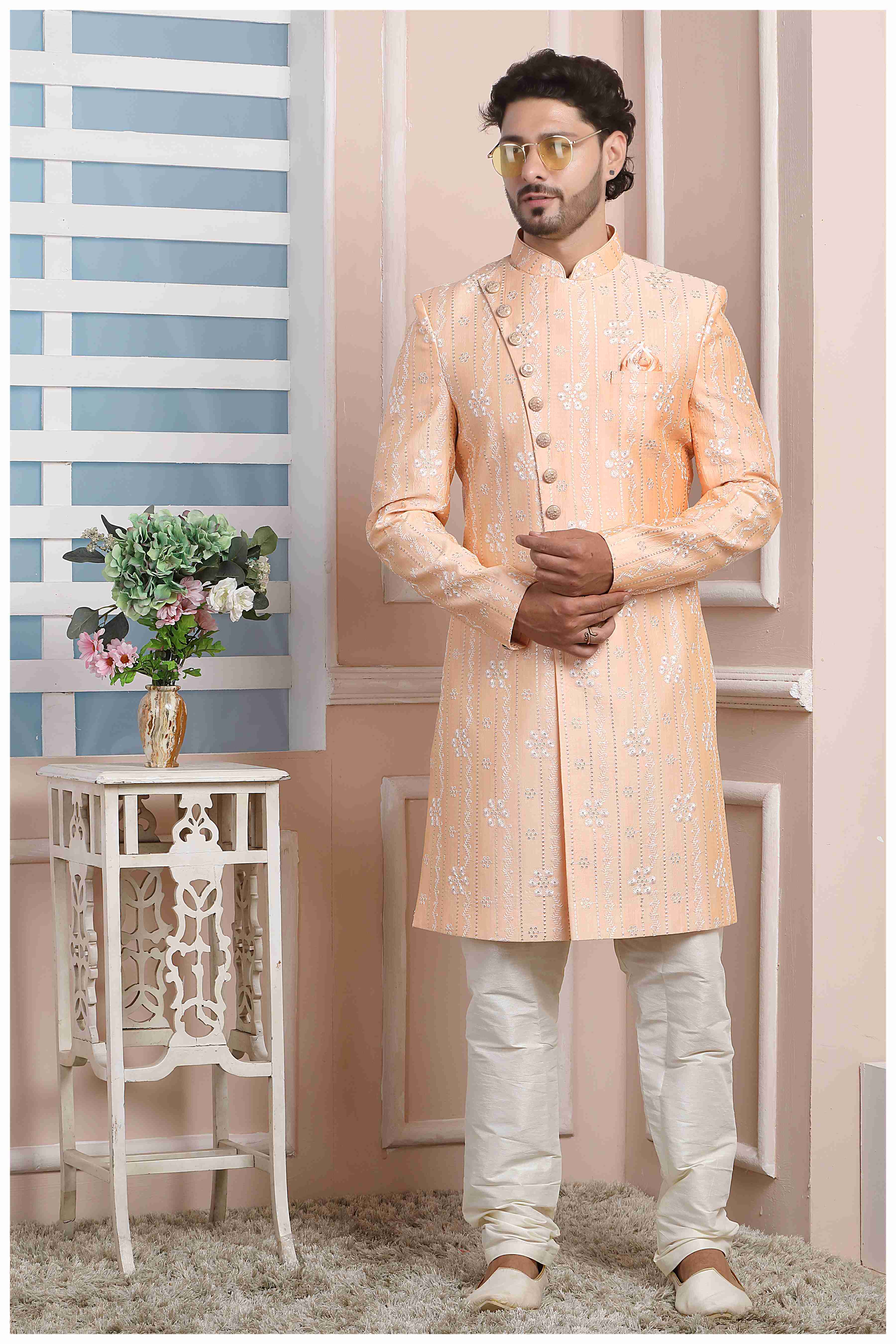 Raivat Ethnic Art Silk Thread Work Indo Western In Peach Colour