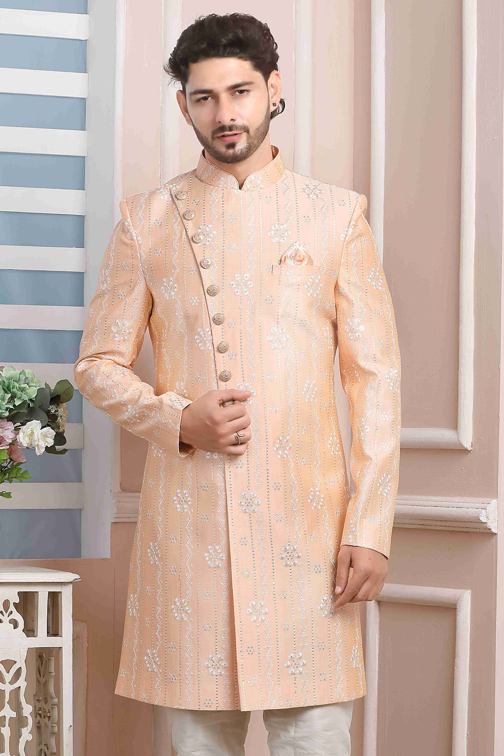 Raivat Ethnic Art Silk Thread Work Indo Western In Peach Colour