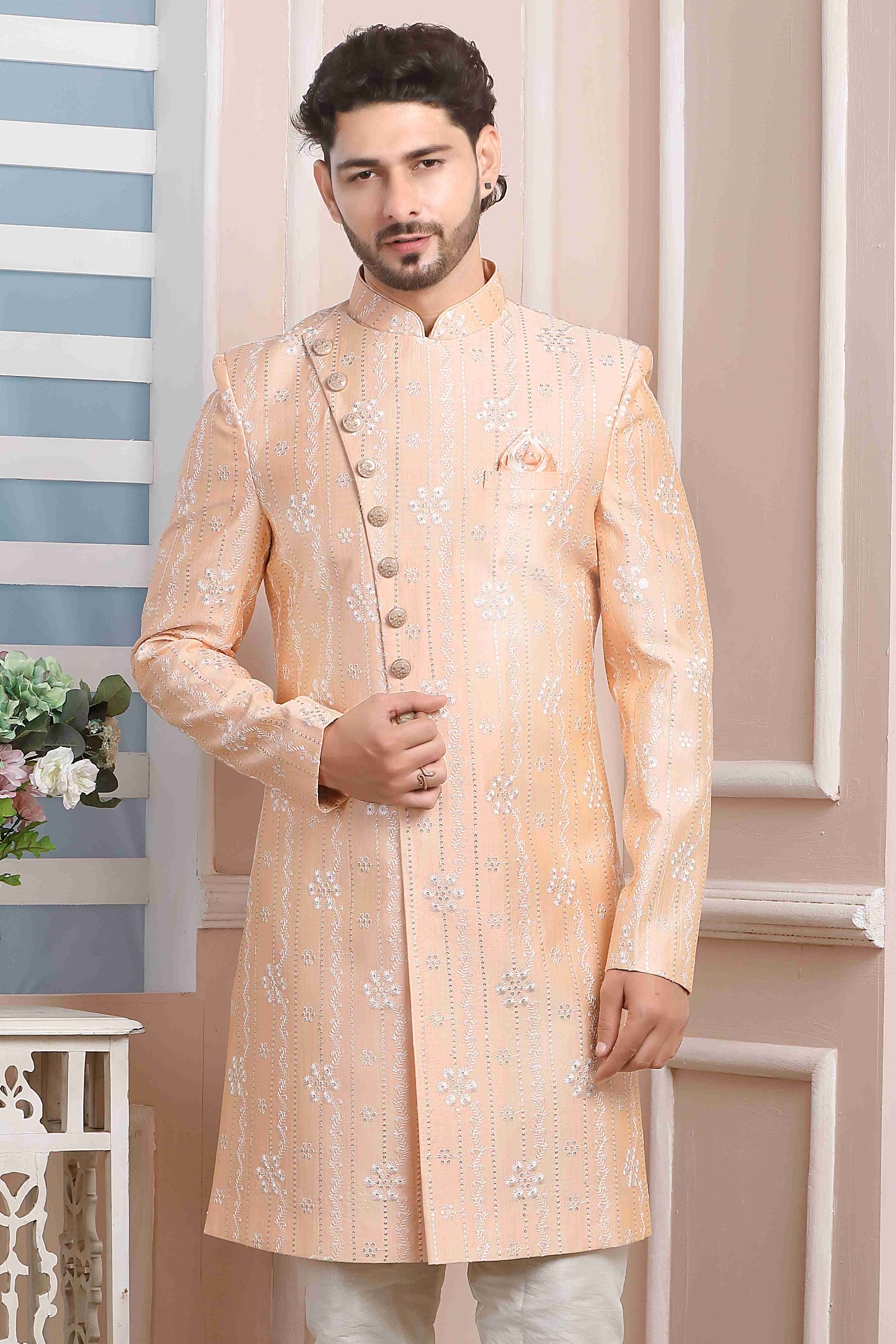 Raivat Ethnic Art Silk Thread Work Indo Western In Peach Colour