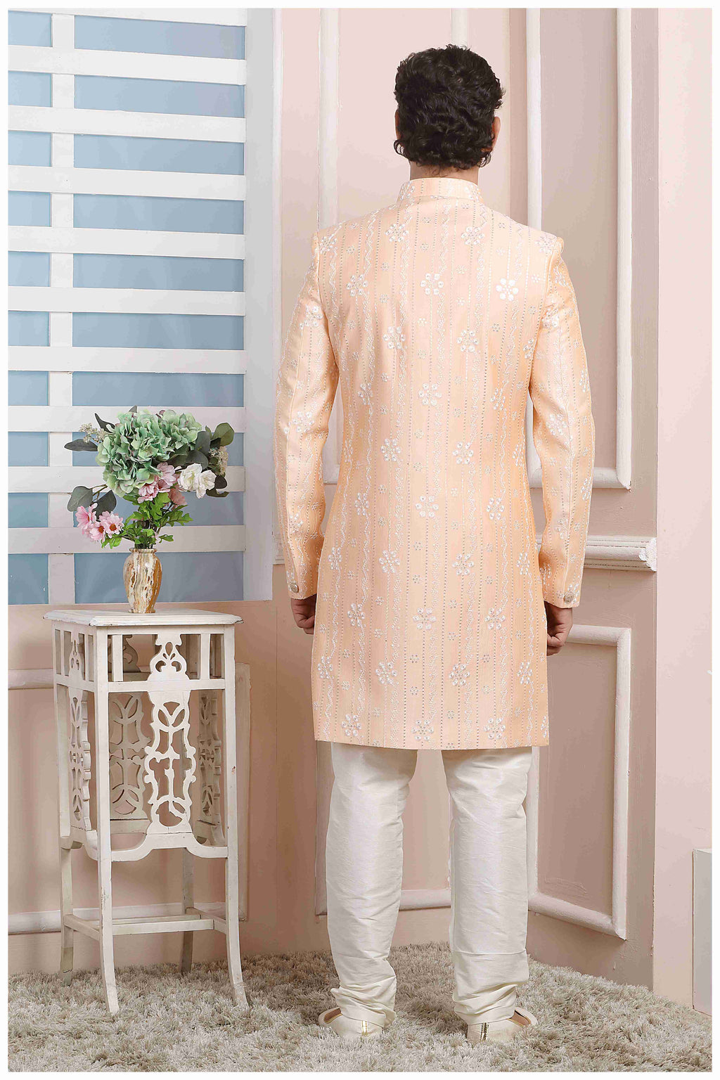 Raivat Ethnic Art Silk Thread Work Indo Western In Peach Colour