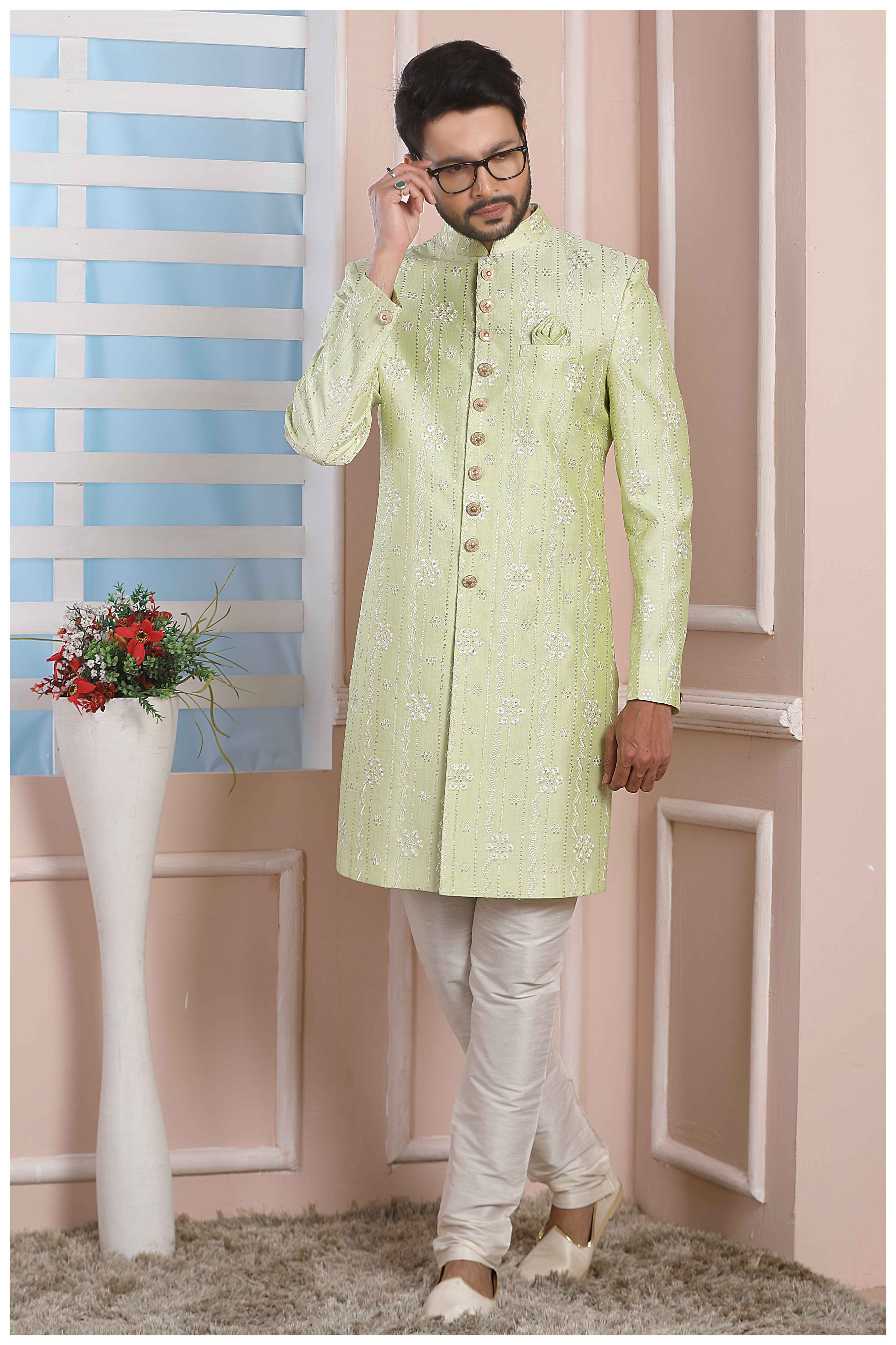 Raivat Ethnic Art Silk Thread Work Indo Western In Pista Green Colour