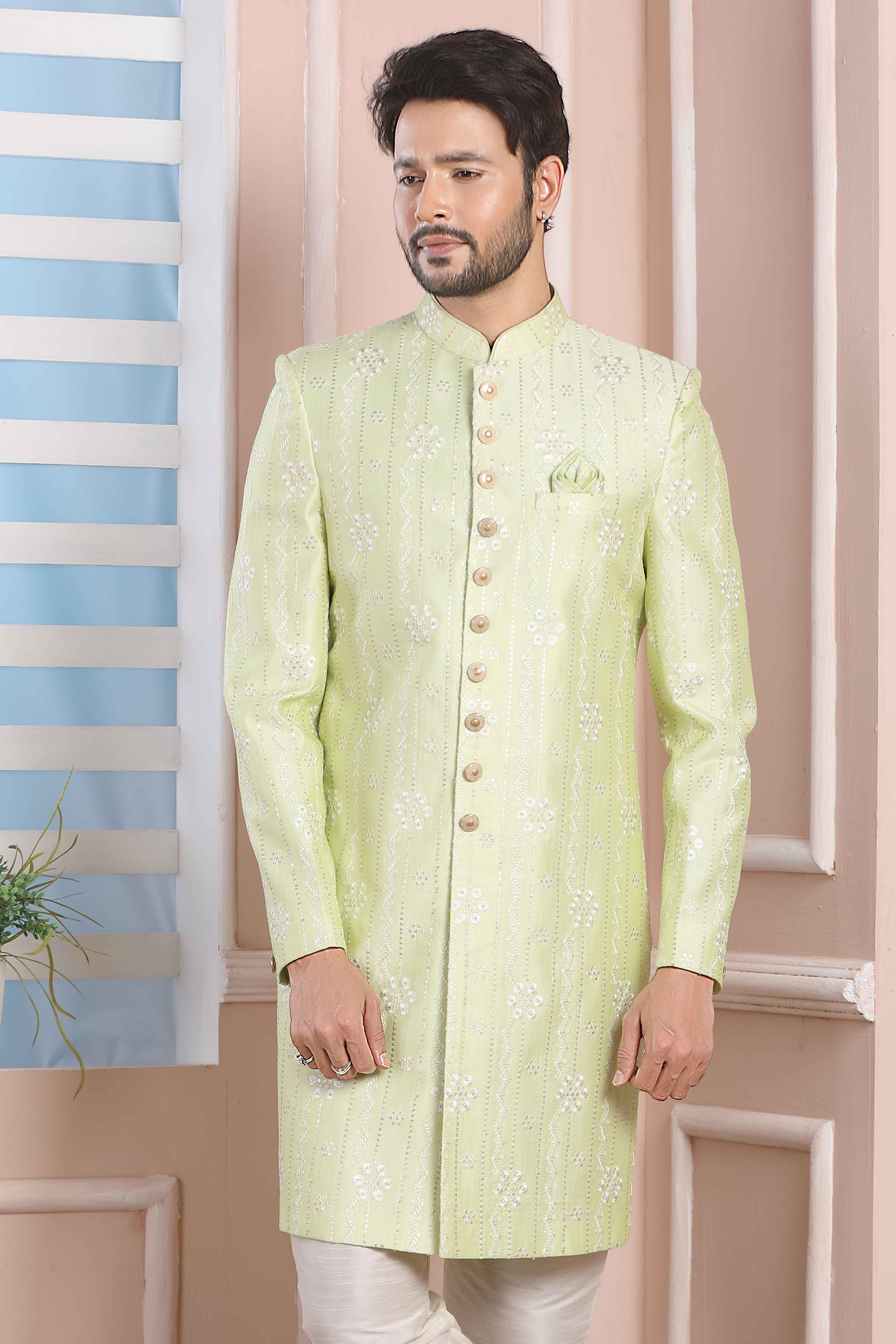 Raivat Ethnic Art Silk Thread Work Indo Western In Pista Green Colour