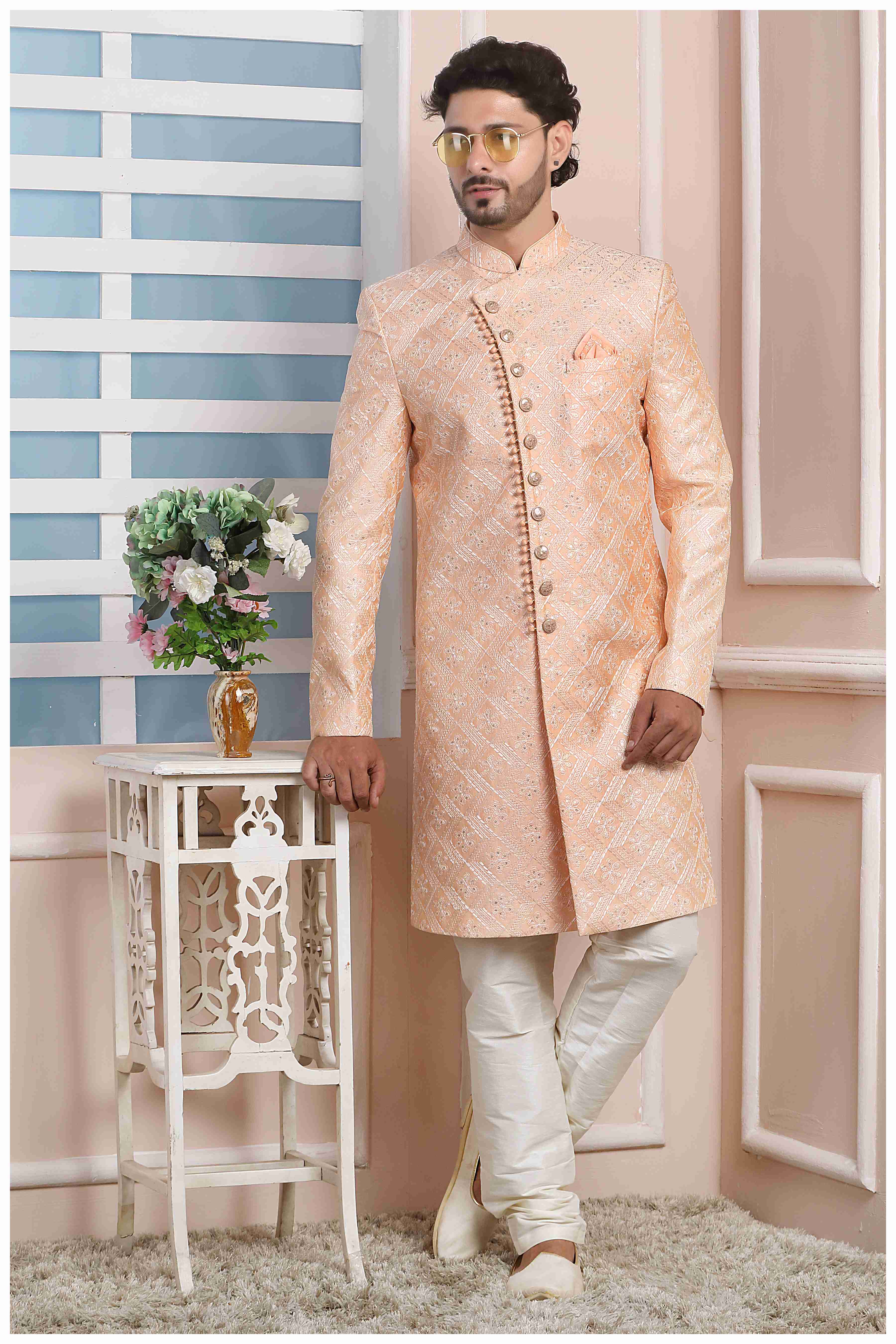 Raivat Ethnic Art Silk Thread Work Indo Western In Peach Colour