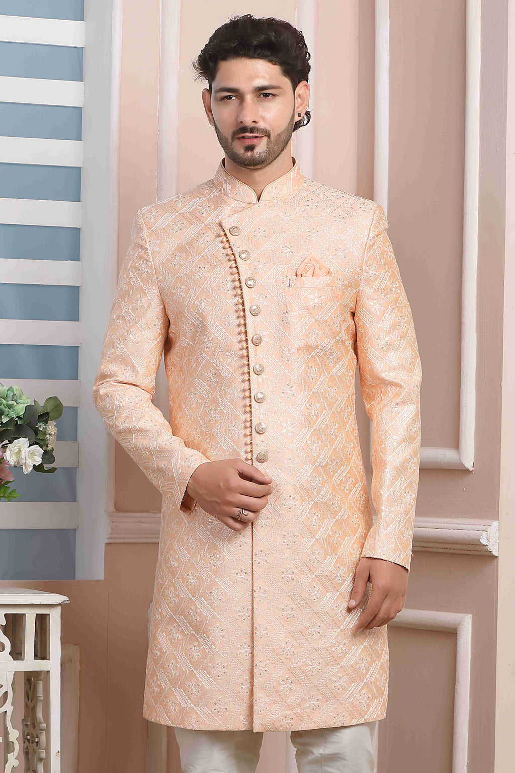 Raivat Ethnic Art Silk Thread Work Indo Western In Peach Colour