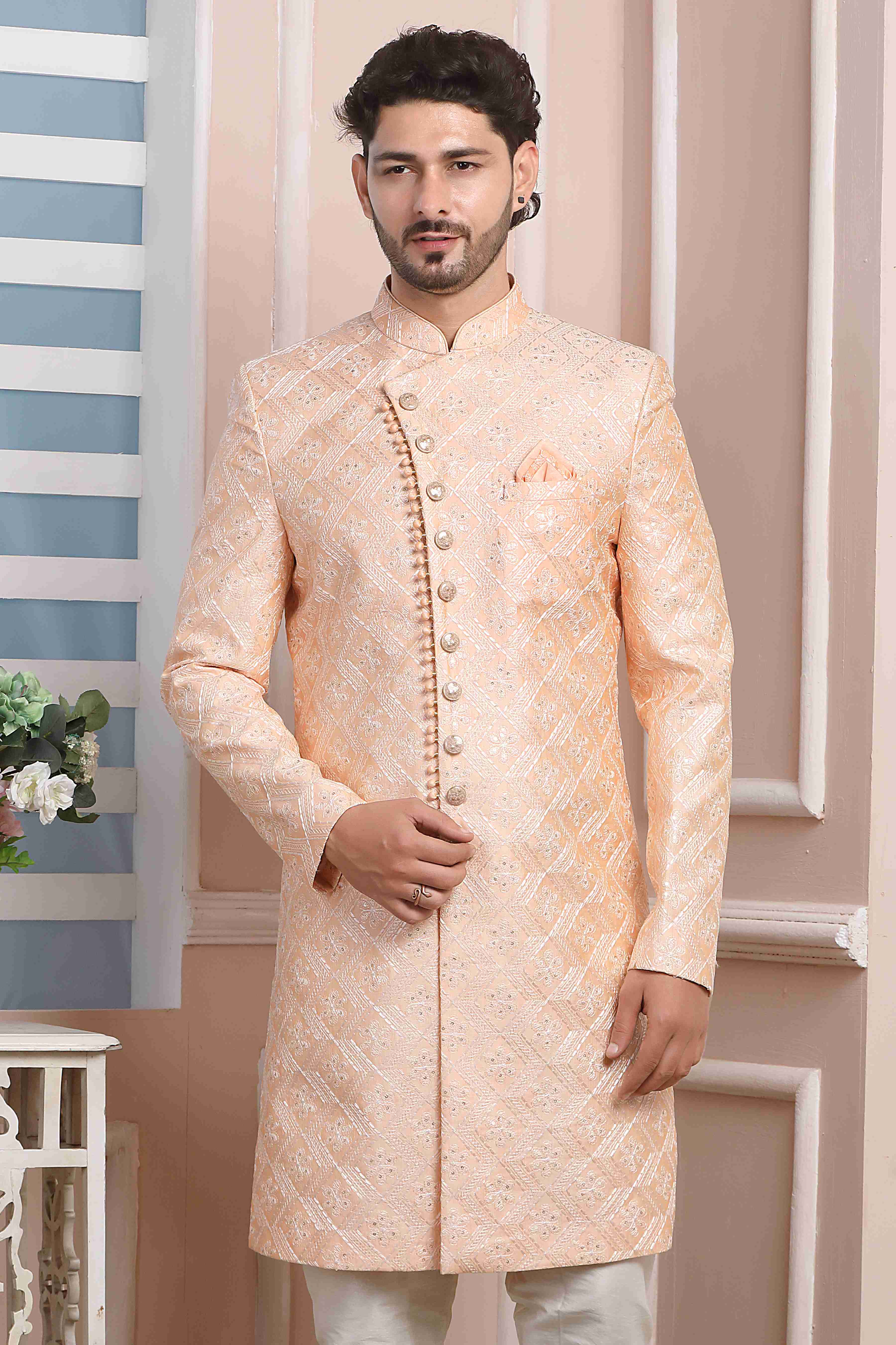 Raivat Ethnic Art Silk Thread Work Indo Western In Peach Colour