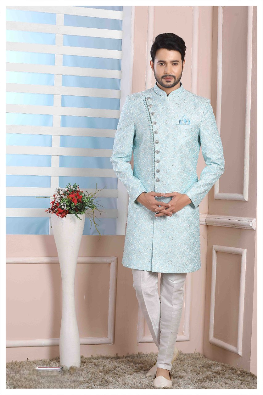 Raivat Ethnic Art Silk Thread Work Indo Western In Sky Blue Colour