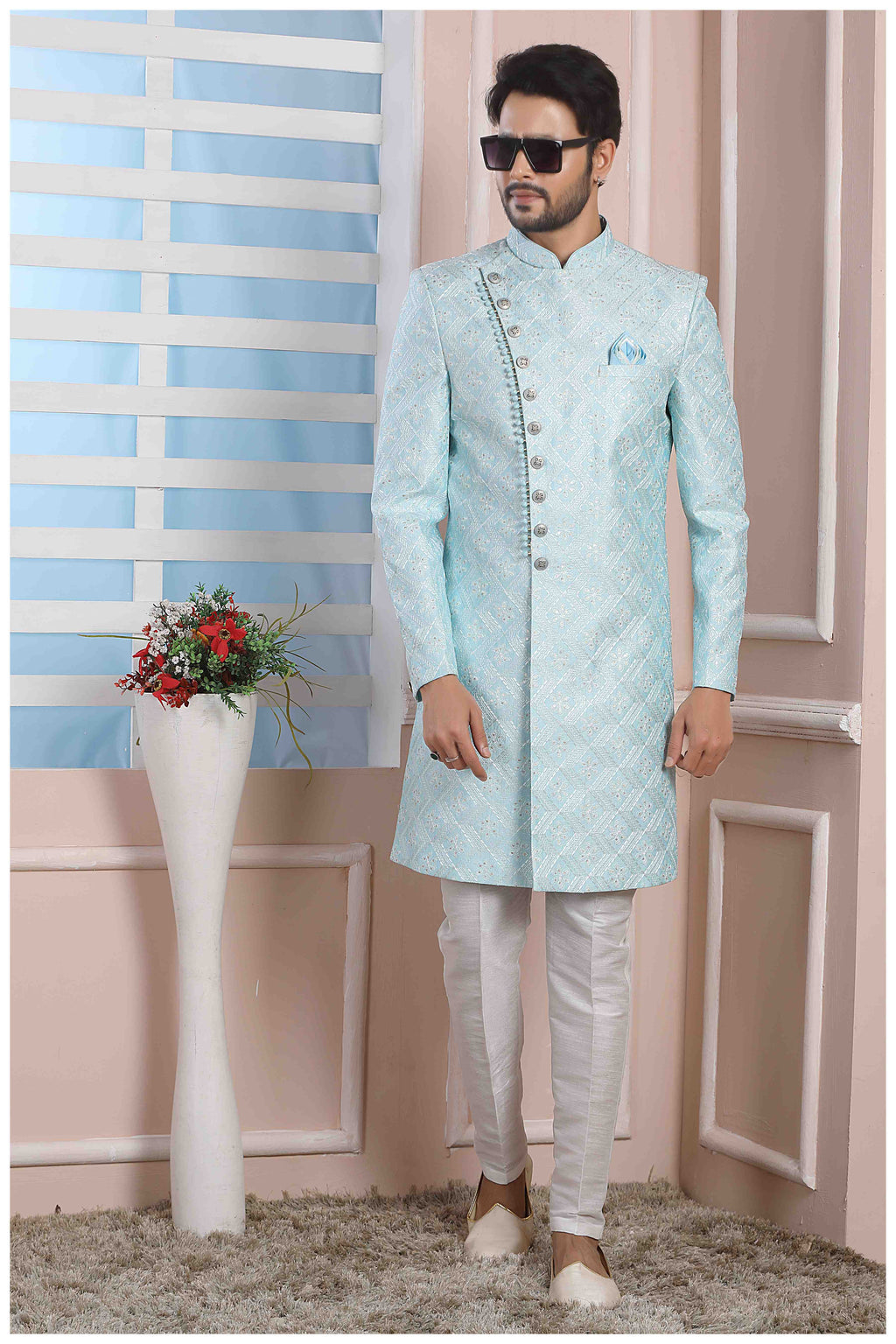 Raivat Ethnic Art Silk Thread Work Indo Western In Sky Blue Colour