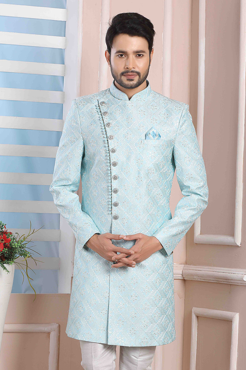 Raivat Ethnic Art Silk Thread Work Indo Western In Sky Blue Colour