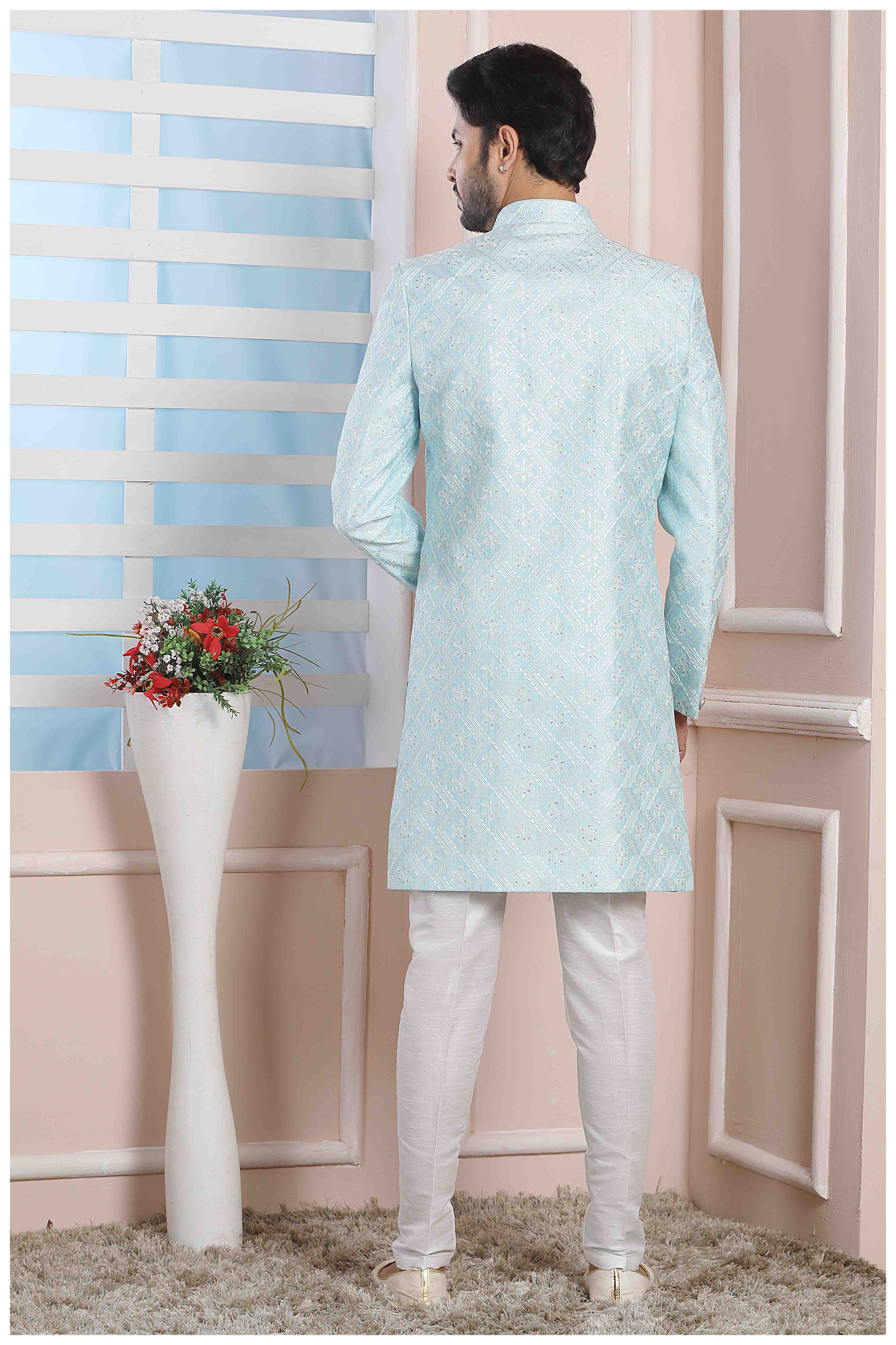 Raivat Ethnic Art Silk Thread Work Indo Western In Sky Blue Colour