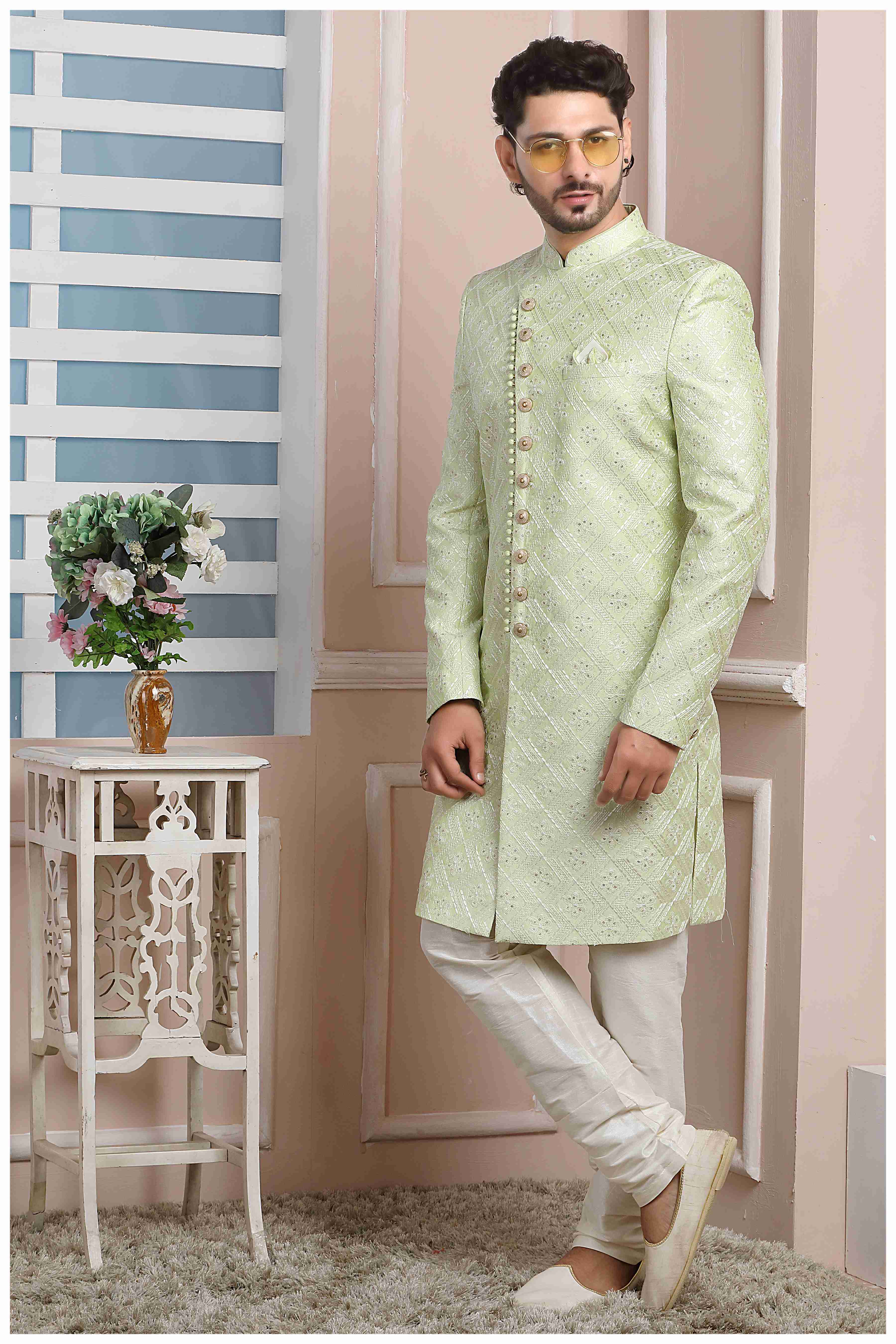 Raivat Ethnic Art Silk Thread Work Indo Western In Pista Green Colour