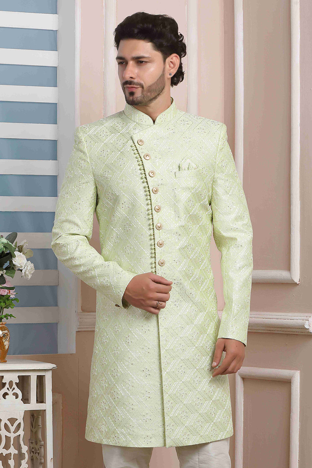 Raivat Ethnic Art Silk Thread Work Indo Western In Pista Green Colour