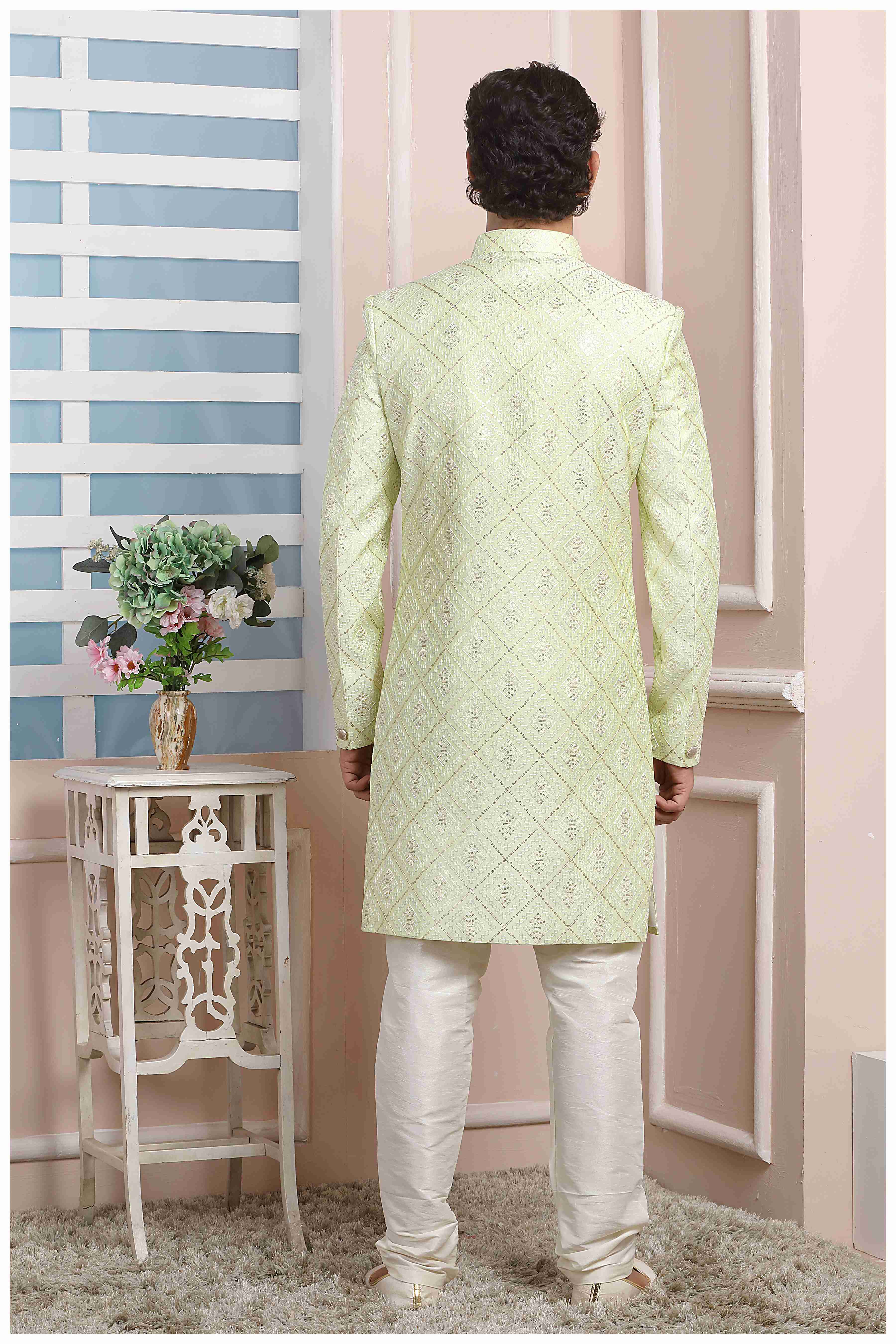 Raivat Ethnic Art Silk Thread Work Indo Western In Pista Green Colour