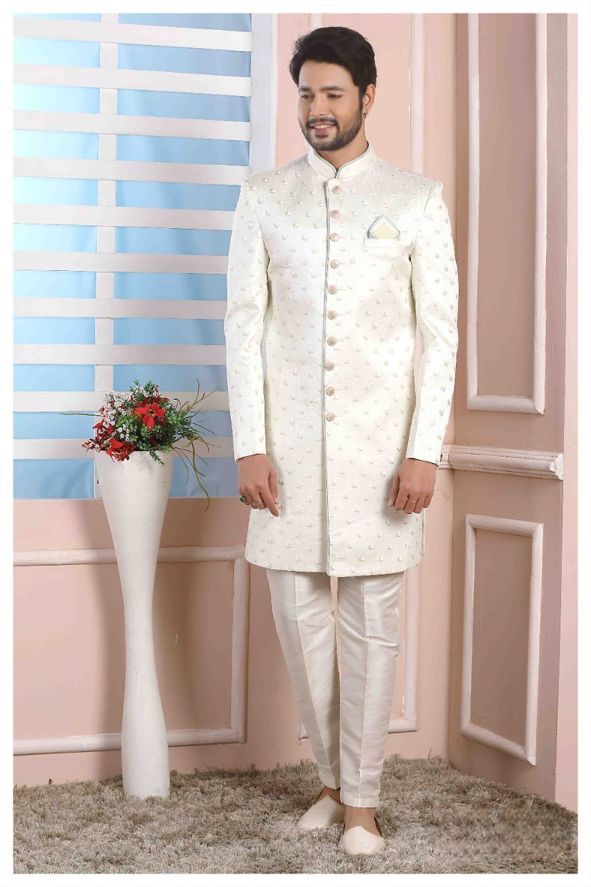 Raivat Ethnic Art Silk Thread Work Indo Western In Cream Colour