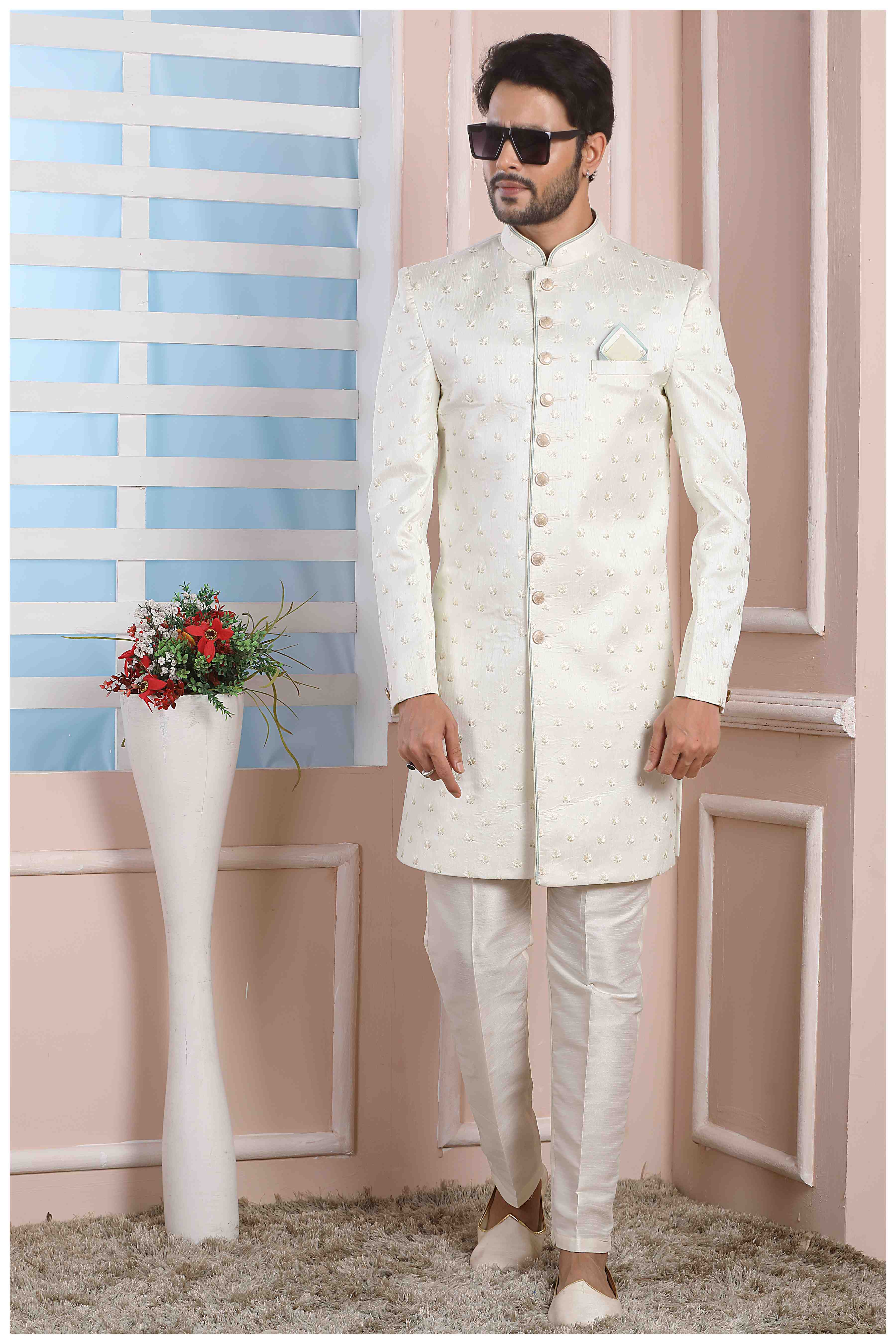 Raivat Ethnic Art Silk Thread Work Indo Western In Cream Colour