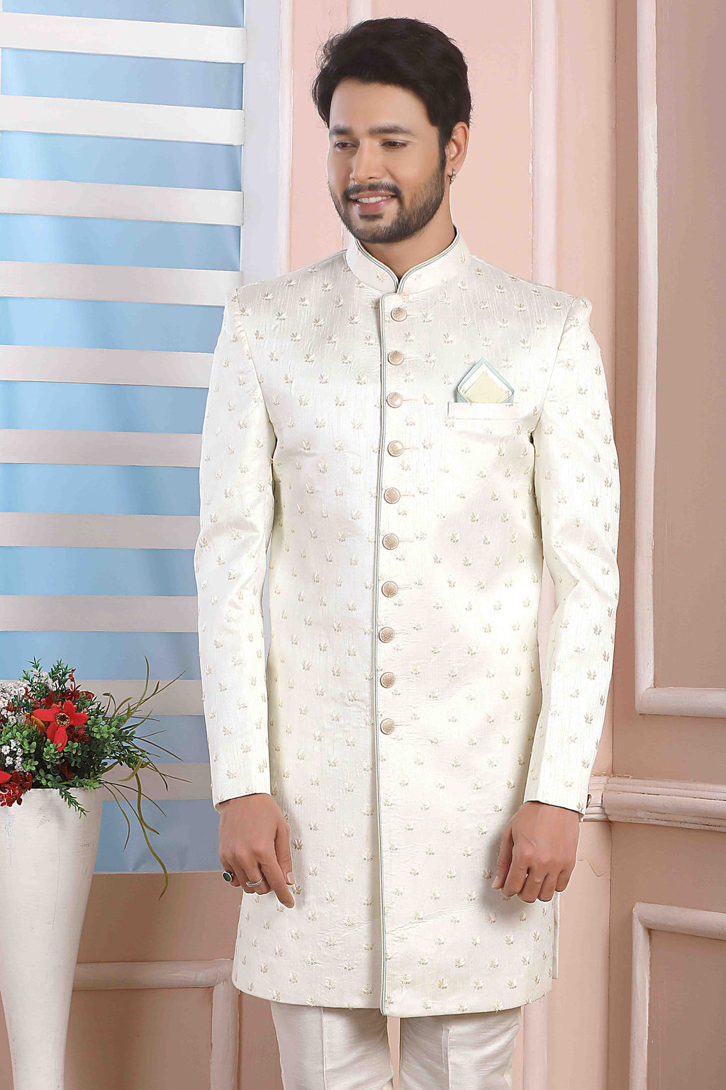 Raivat Ethnic Art Silk Thread Work Indo Western In Cream Colour