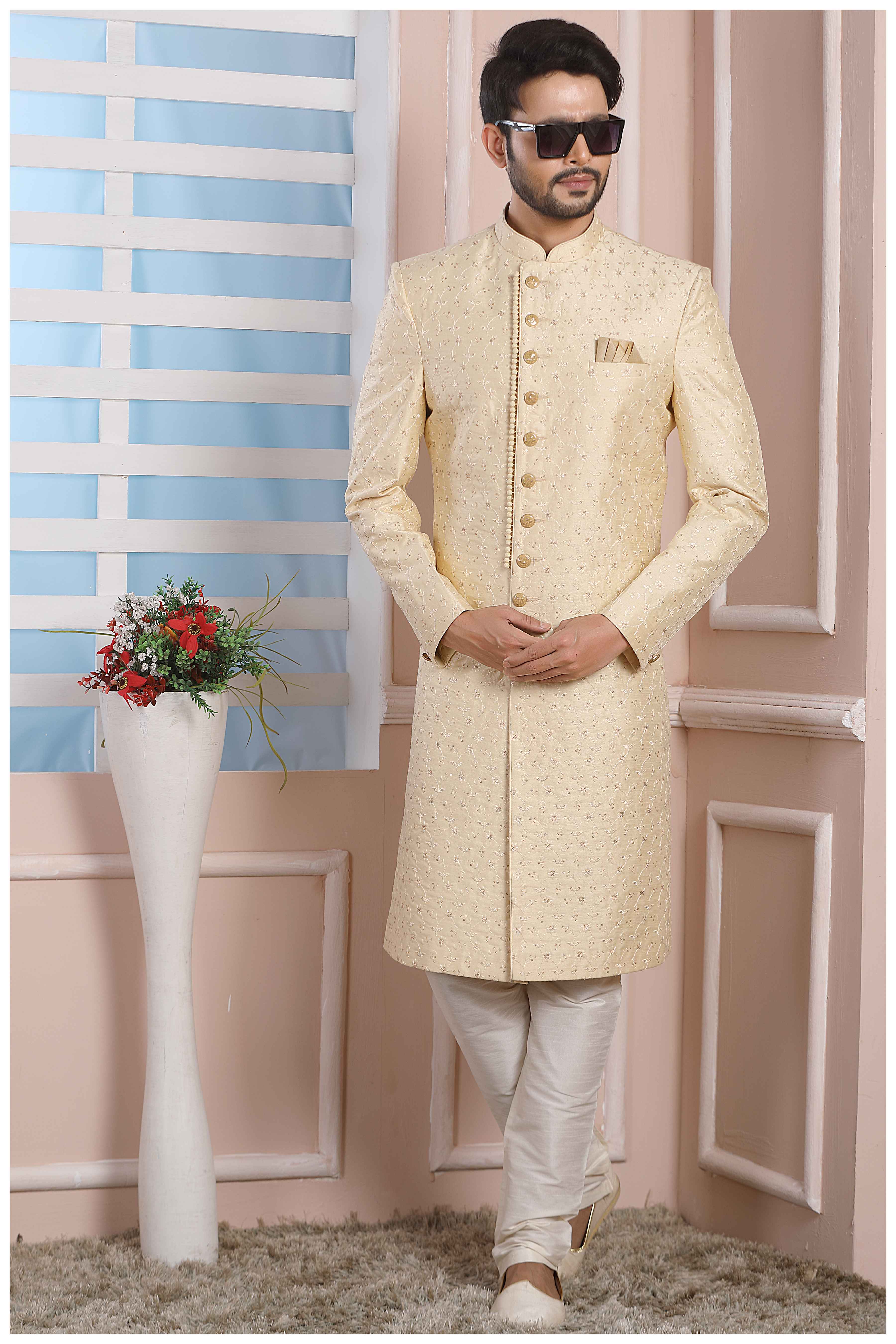 Raivat Ethnic Art Silk Thread Work Indo Western In Cream Colour