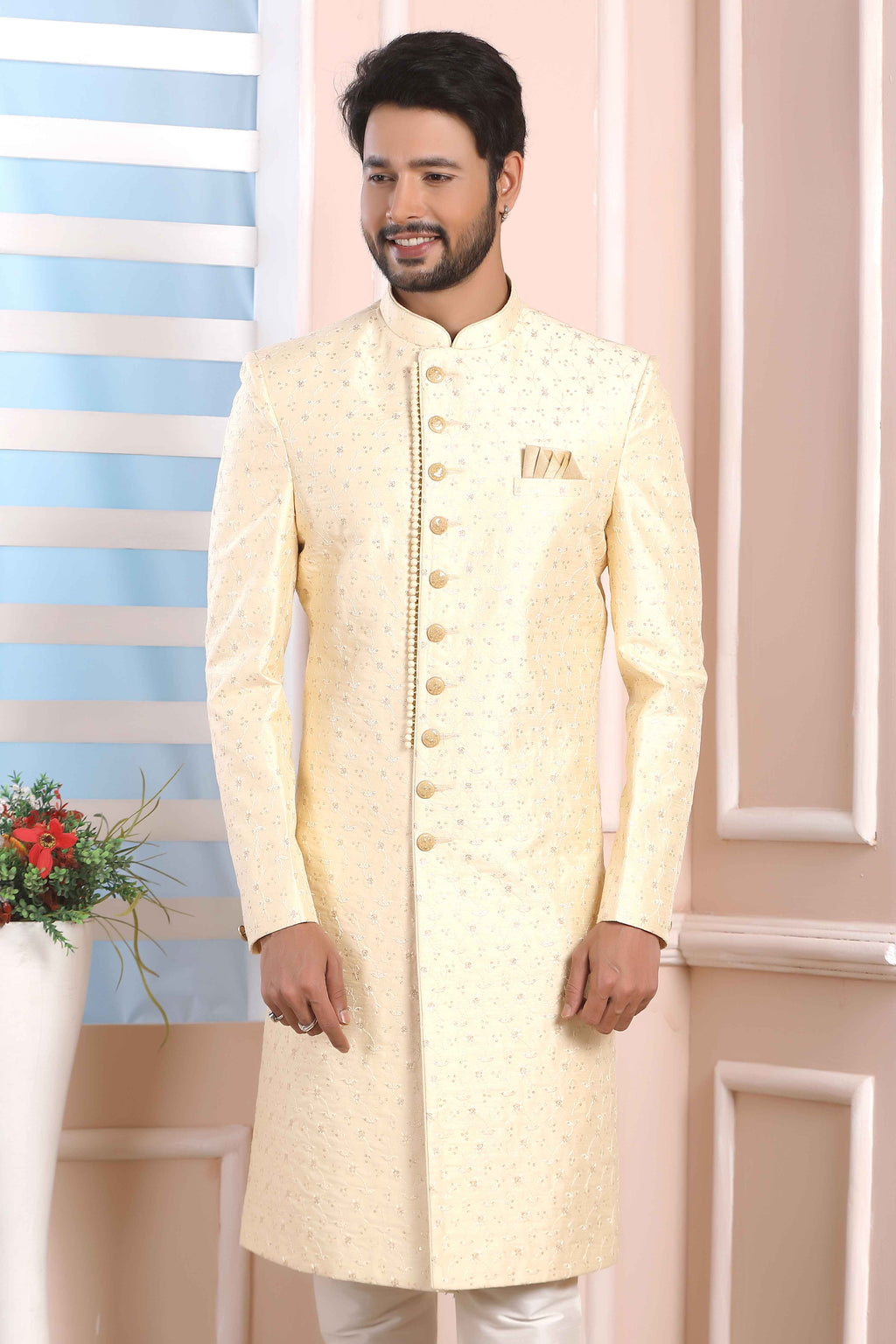 Raivat Ethnic Art Silk Thread Work Indo Western In Cream Colour