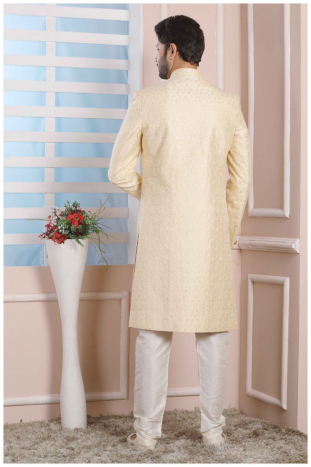 Raivat Ethnic Art Silk Thread Work Indo Western In Cream Colour
