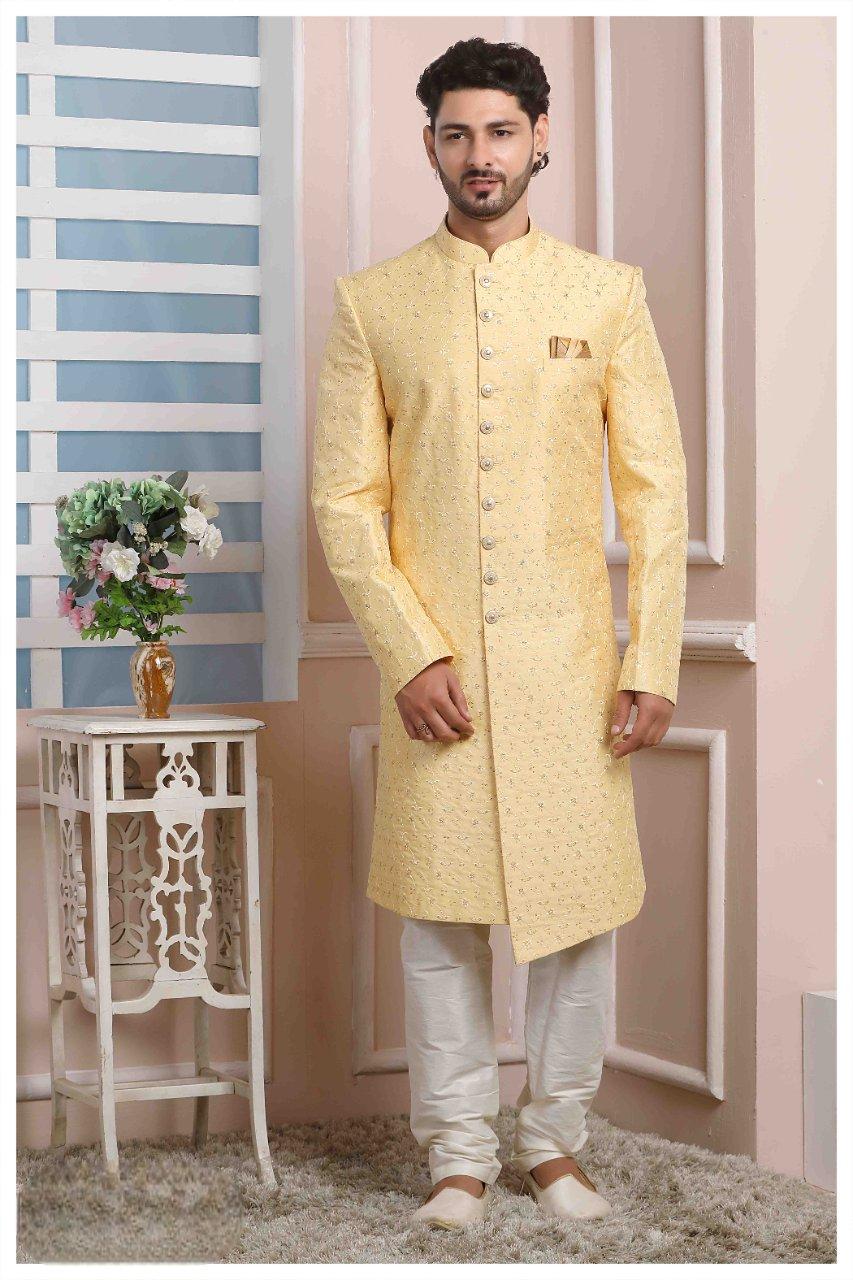 Raivat Ethnic Art Silk Thread Work Indo Western In Yellow Colour