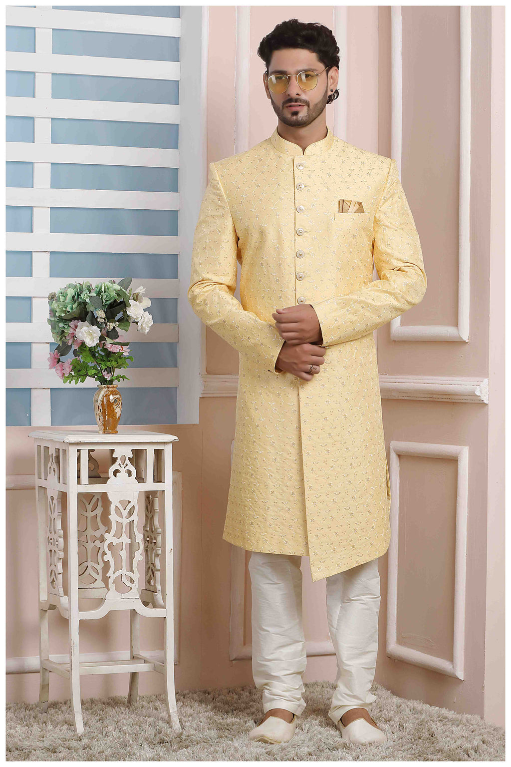 Raivat Ethnic Art Silk Thread Work Indo Western In Yellow Colour