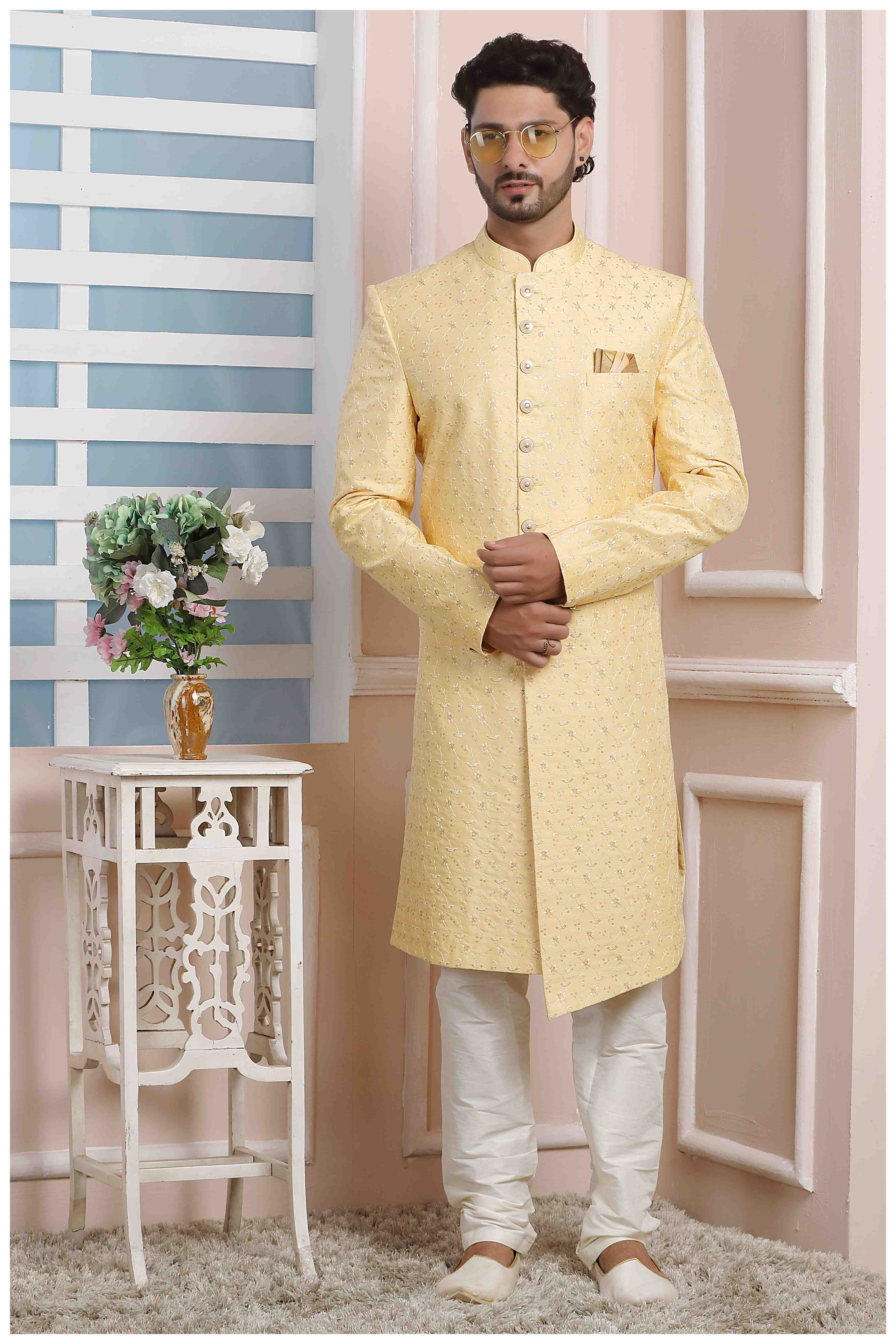 Raivat Ethnic Art Silk Thread Work Indo Western In Yellow Colour
