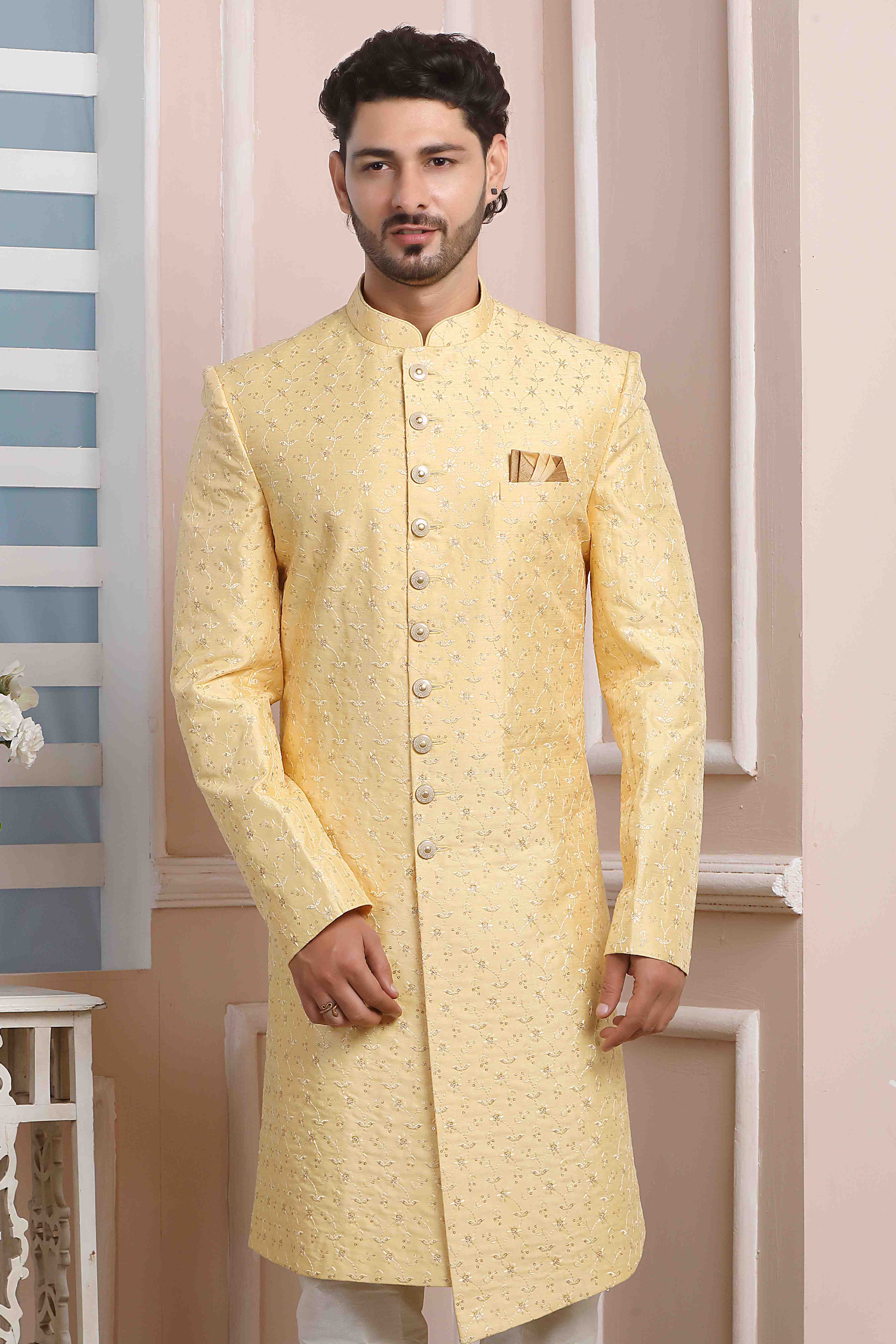 Raivat Ethnic Art Silk Thread Work Indo Western In Yellow Colour
