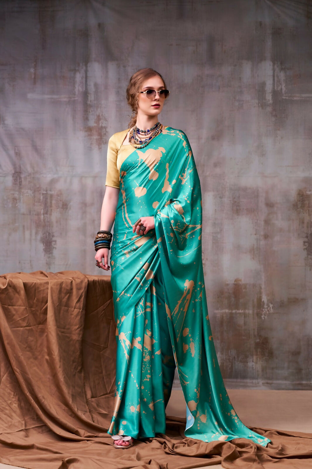 Vastranavya Sea Blue Satin Silk Printed Saree with a Natural Silk Unstitched Blouse