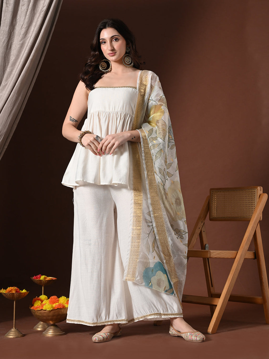Myshka Women White Longline Sleeveless Kurta with Trouser & Dupatta