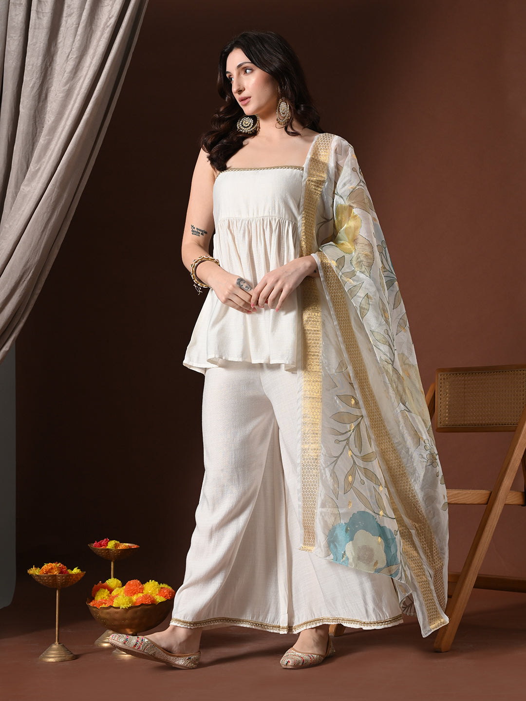Myshka Women White Longline Sleeveless Kurta with Trouser & Dupatta