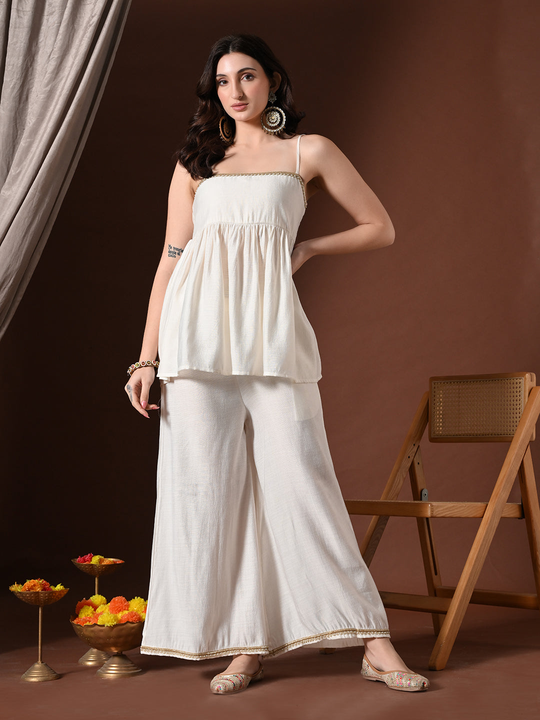 Myshka Women White Longline Sleeveless Kurta with Trouser & Dupatta