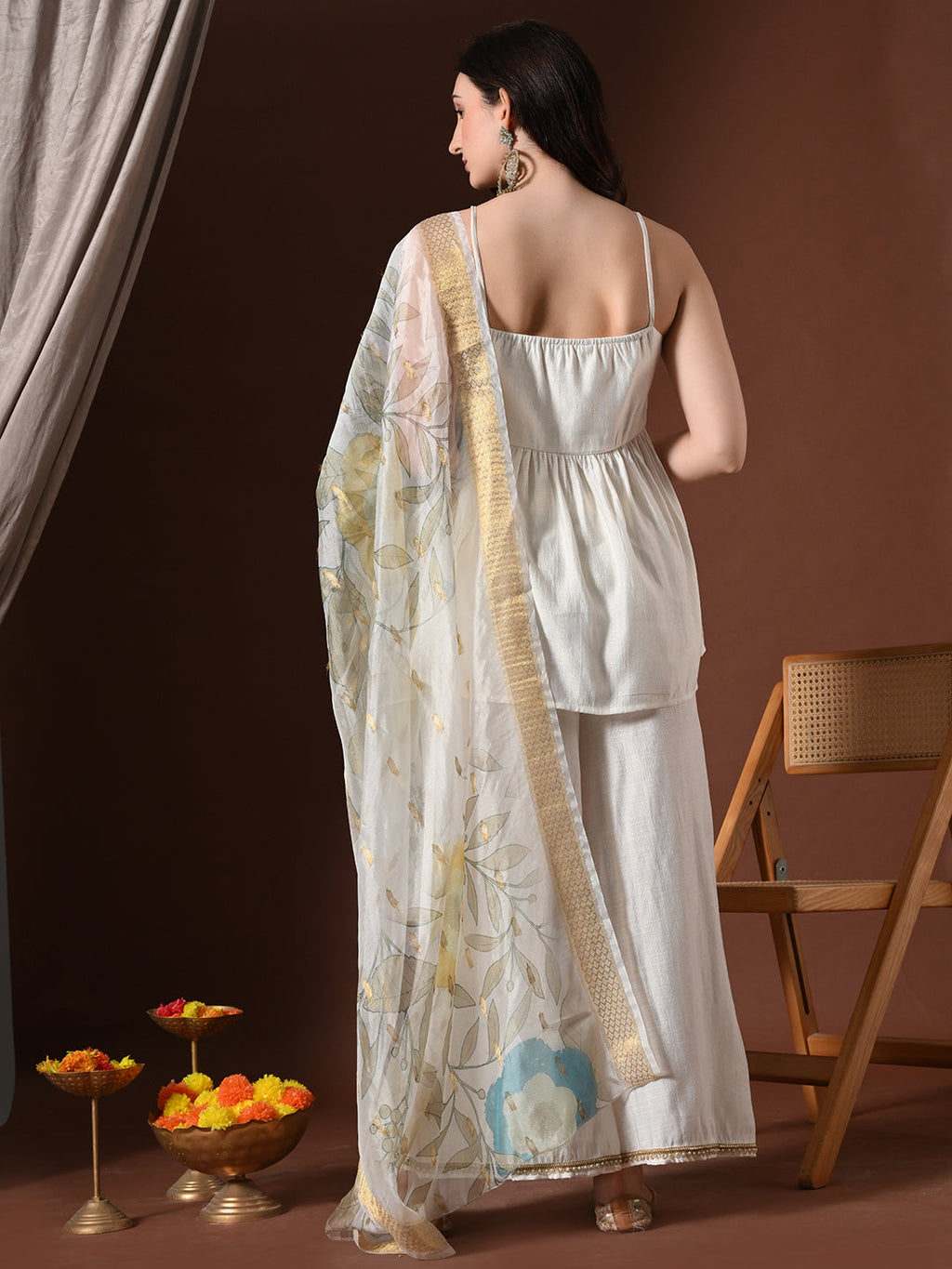 Myshka Women White Longline Sleeveless Kurta with Trouser & Dupatta