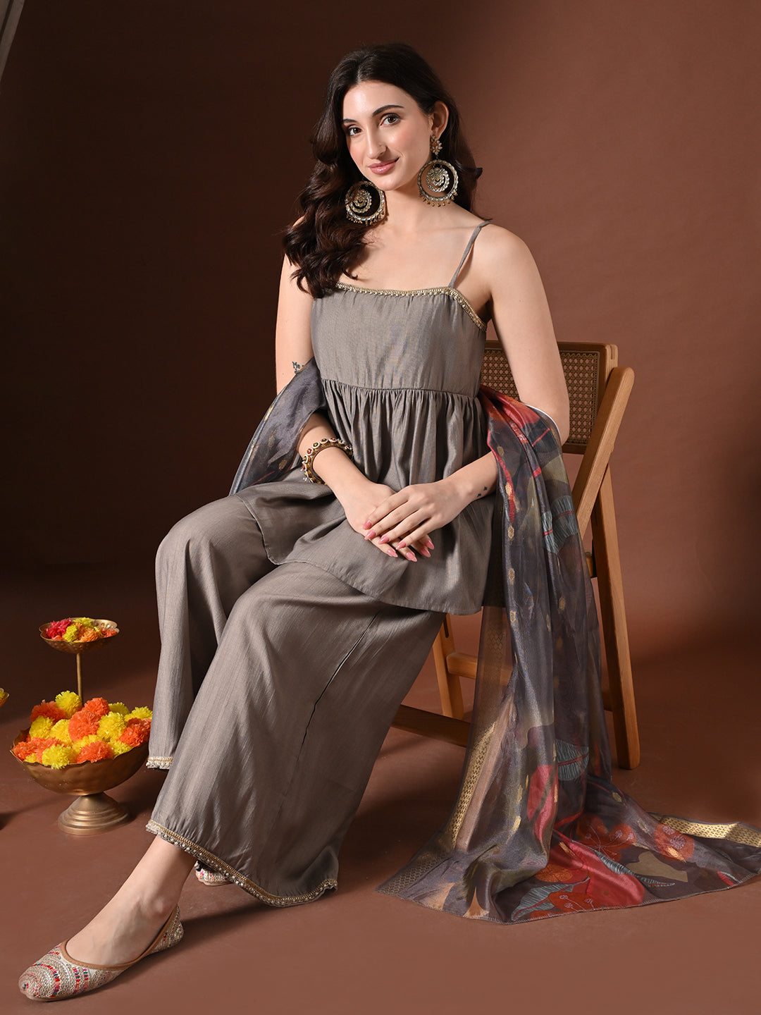 Myshka Women Grey Longline Sleeveless Kurta with Trouser & Dupatta