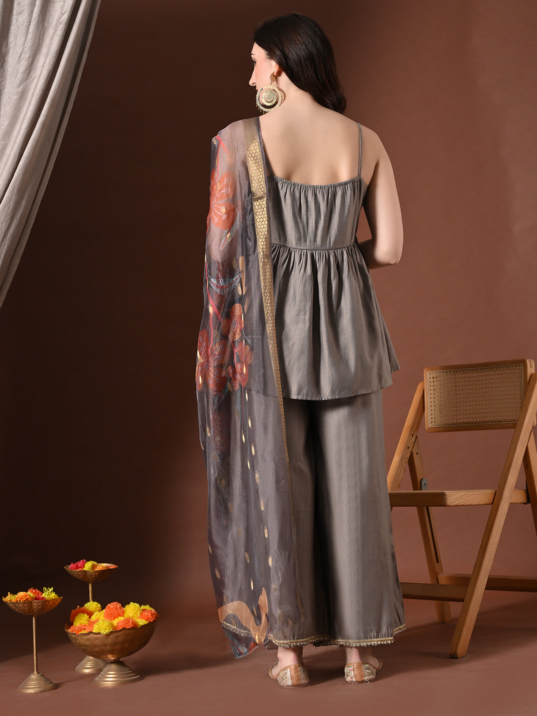 Myshka Women Grey Longline Sleeveless Kurta with Trouser & Dupatta