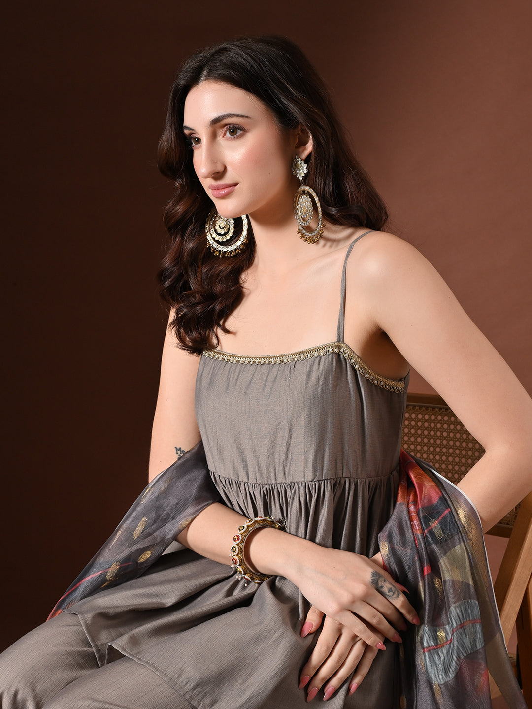 Myshka Women Grey Longline Sleeveless Kurta with Trouser & Dupatta
