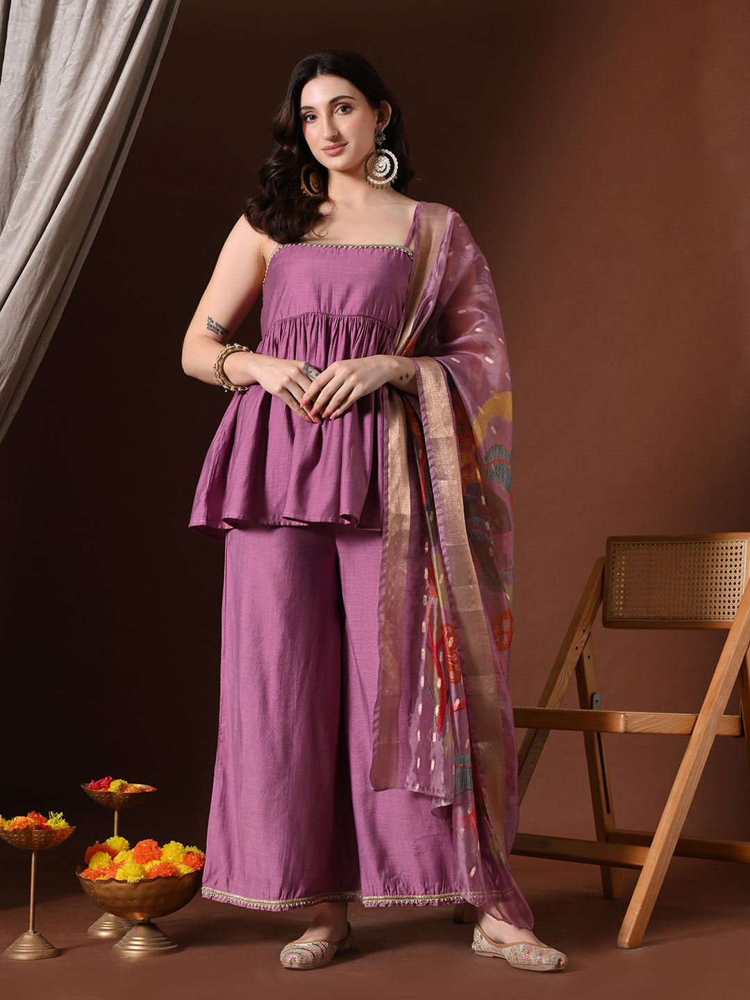 Myshka Women Lavender Longline Sleeveless Kurta with Trouser & Dupatta