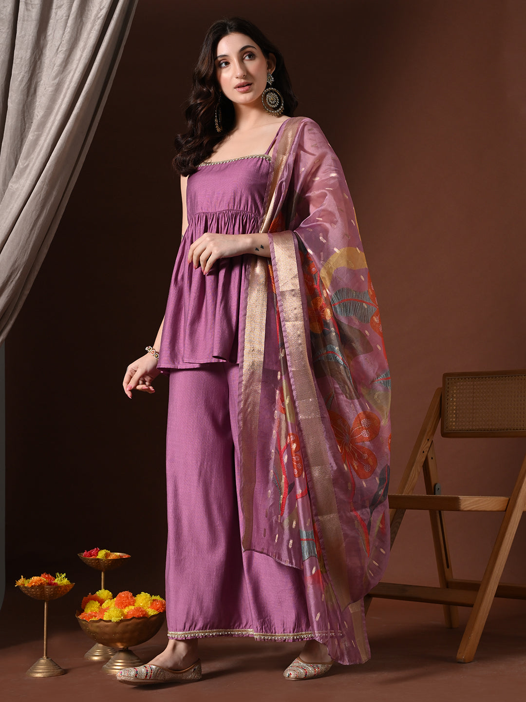 Myshka Women Lavender Longline Sleeveless Kurta with Trouser & Dupatta