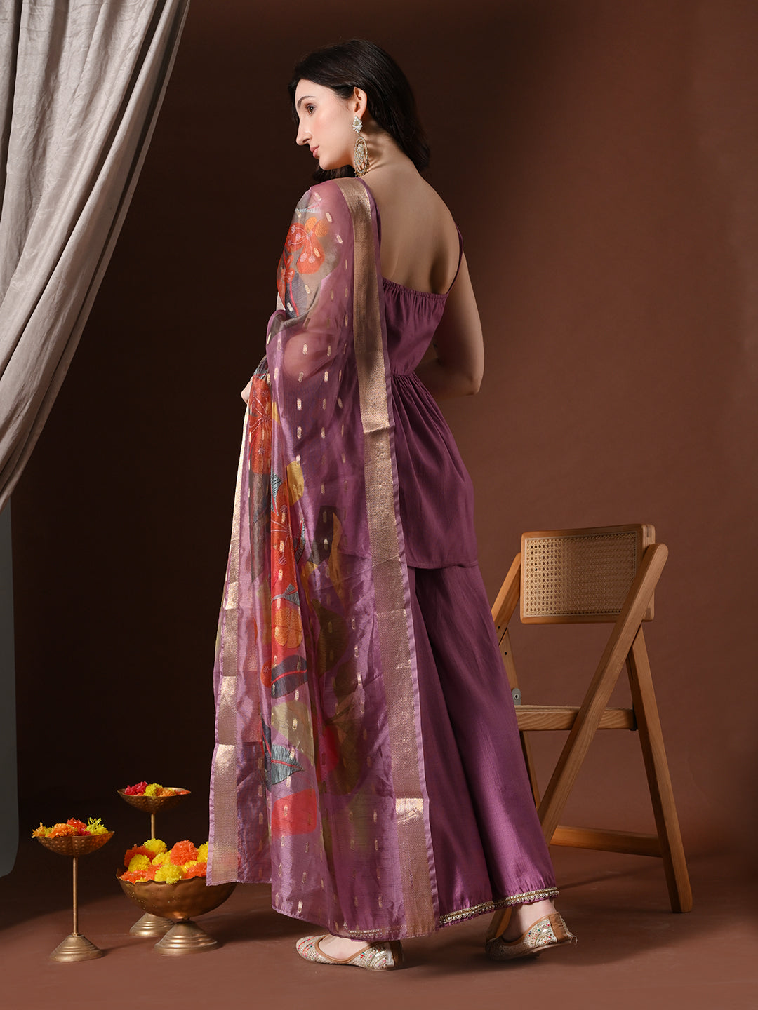 Myshka Women Lavender Longline Sleeveless Kurta with Trouser & Dupatta