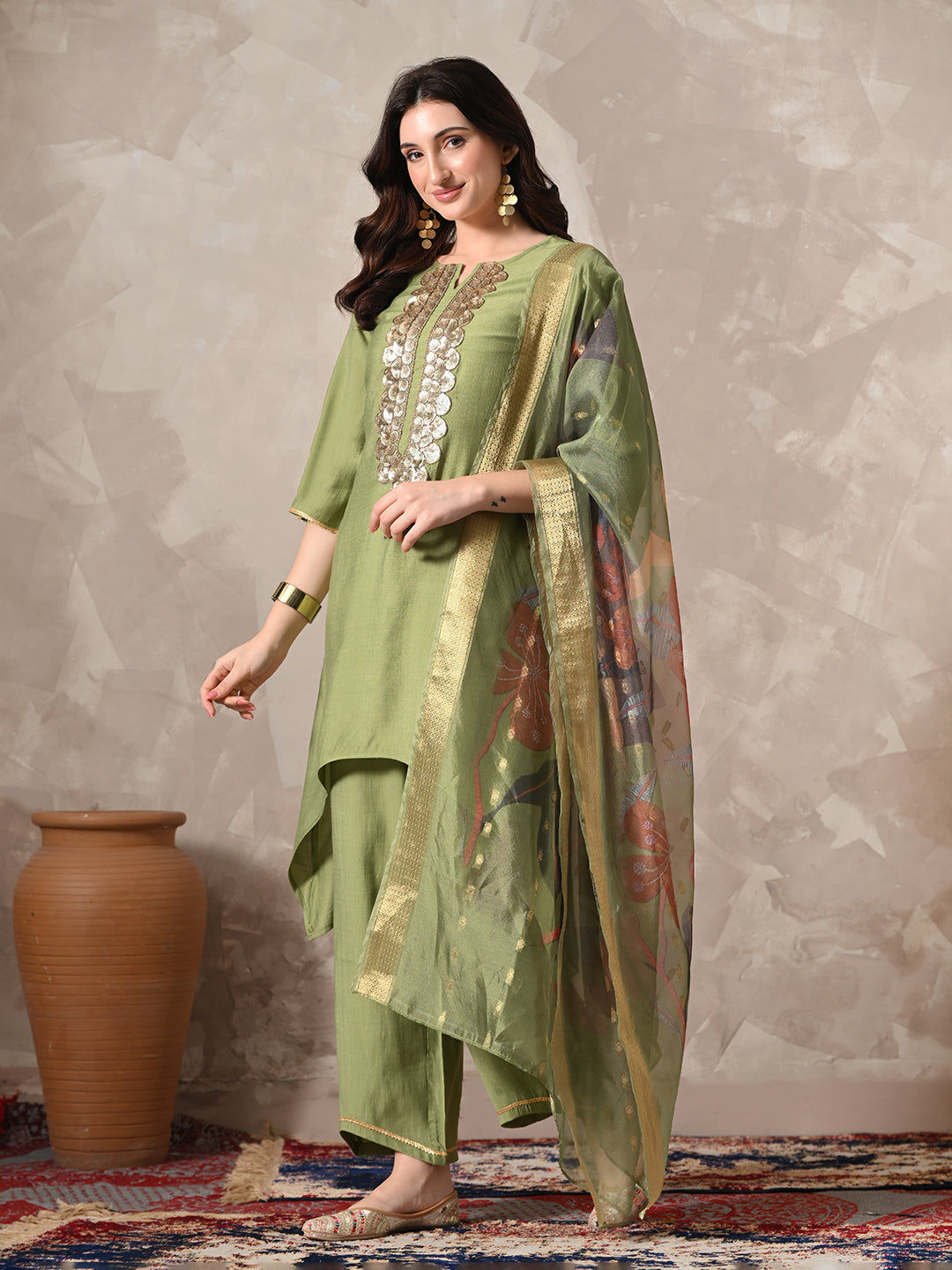 Myshka Women Green Floral Yoke Design Sequinned A-Line Kurta Set with Dupatta