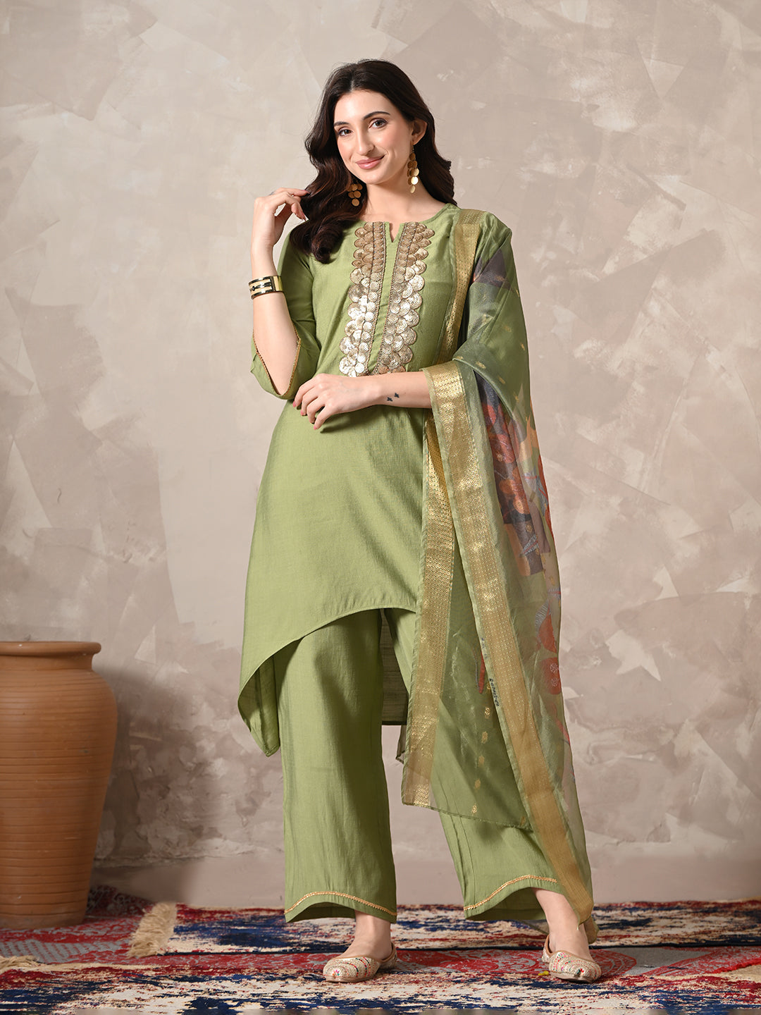 Myshka Women Green Floral Yoke Design Sequinned A-Line Kurta Set with Dupatta