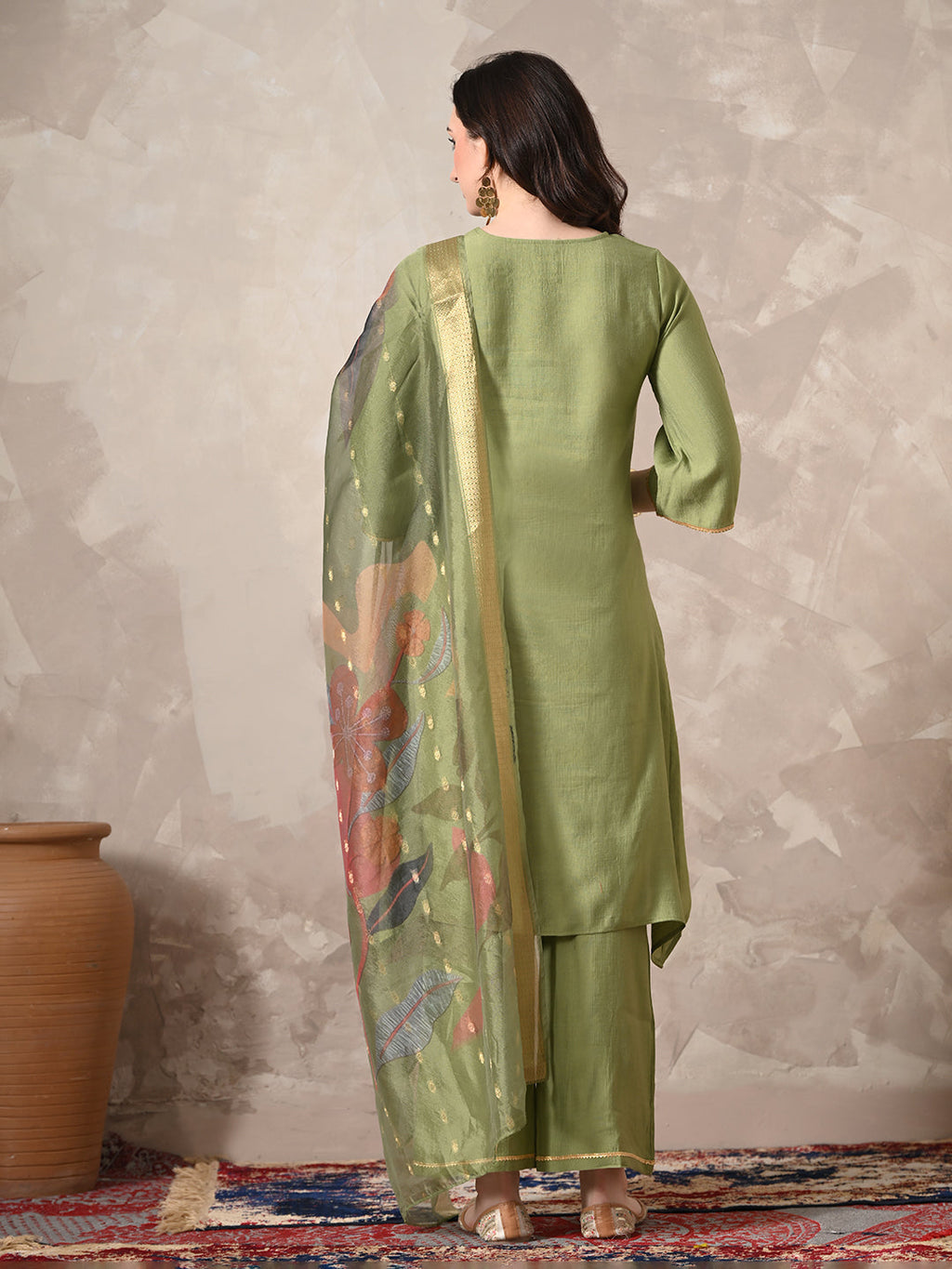 Myshka Women Green Floral Yoke Design Sequinned A-Line Kurta Set with Dupatta