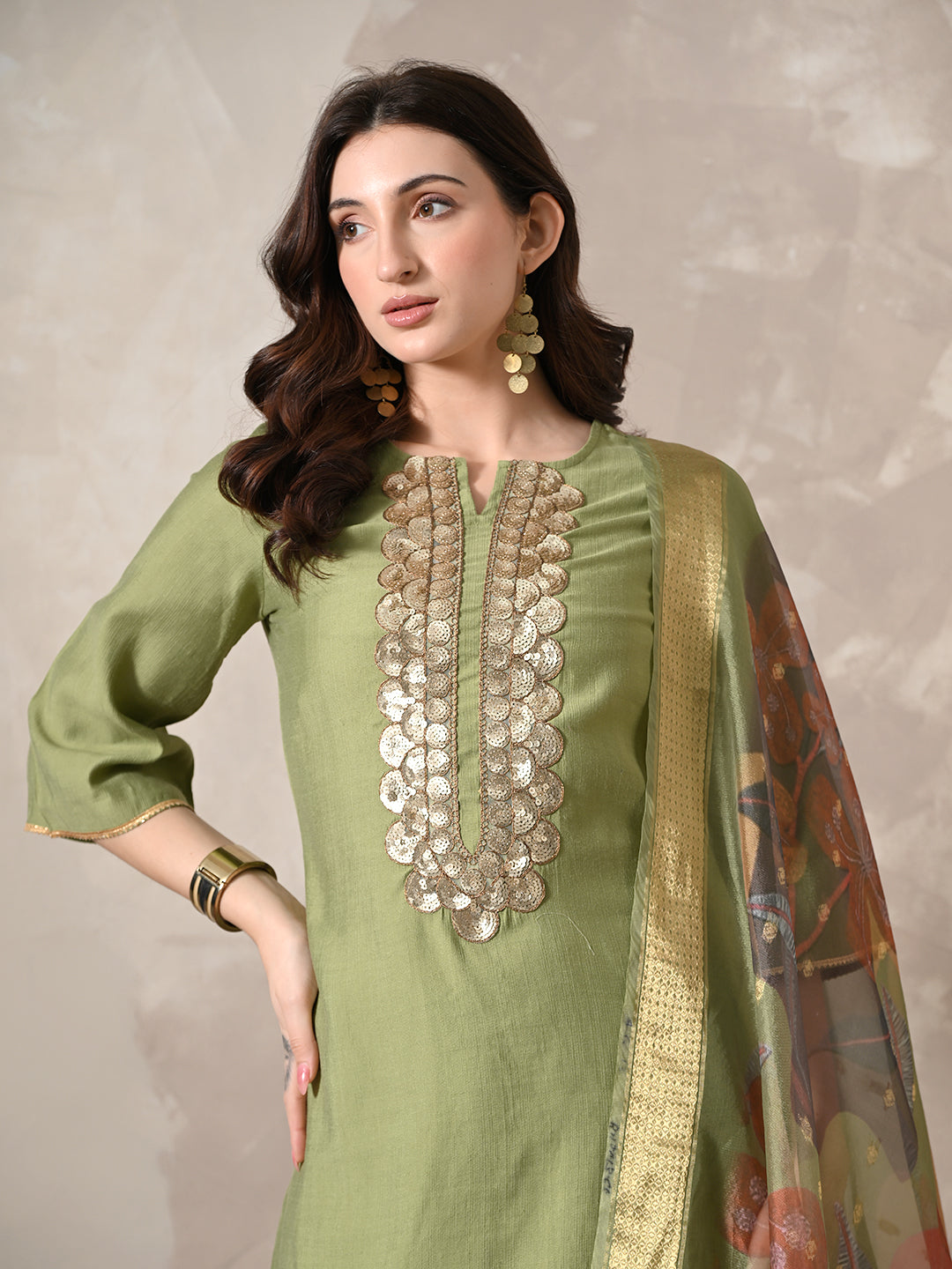 Myshka Women Green Floral Yoke Design Sequinned A-Line Kurta Set with Dupatta