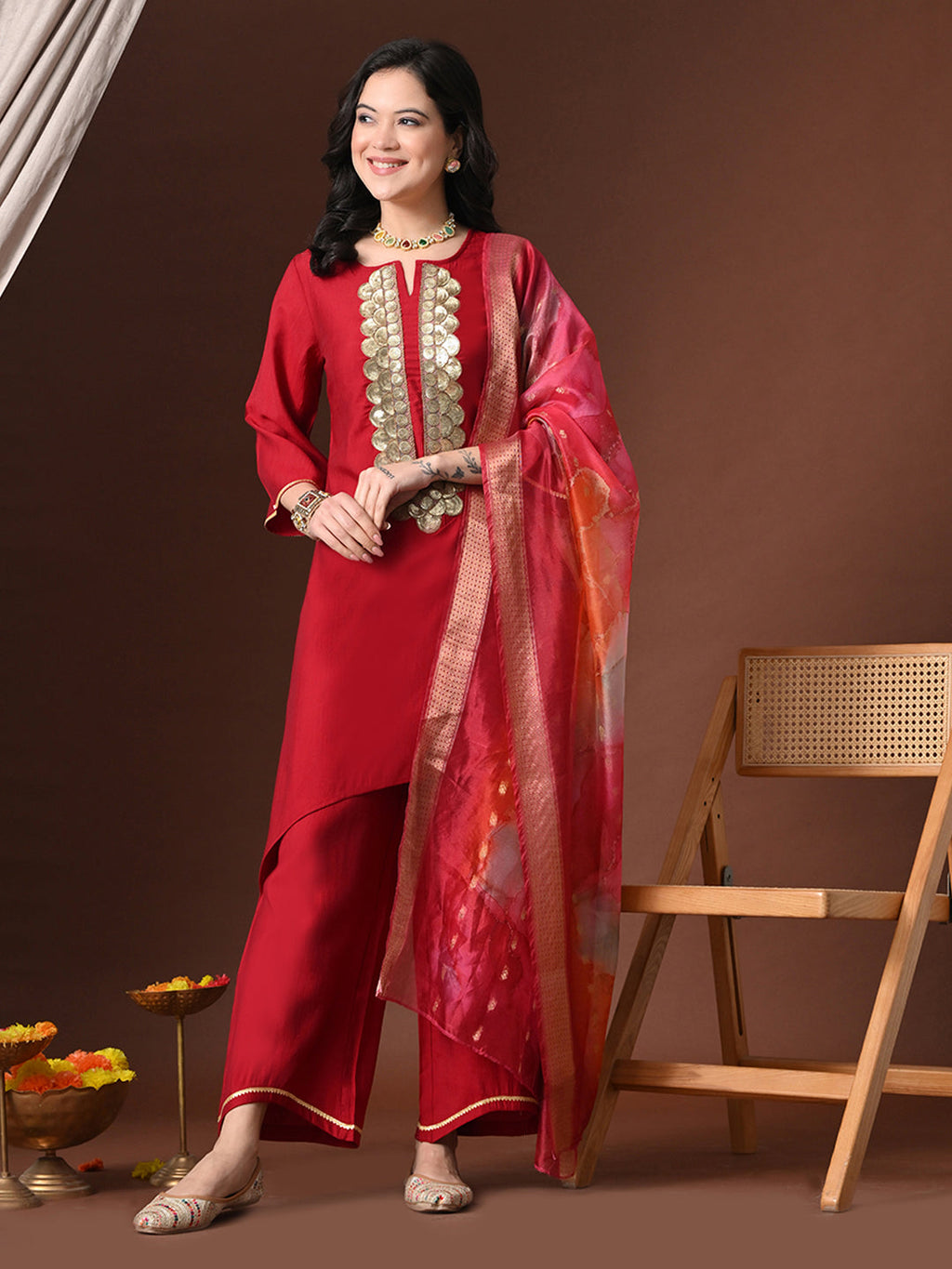 Myshka Women Red Floral Yoke Design Sequinned A-Line Kurta Set with Dupatta