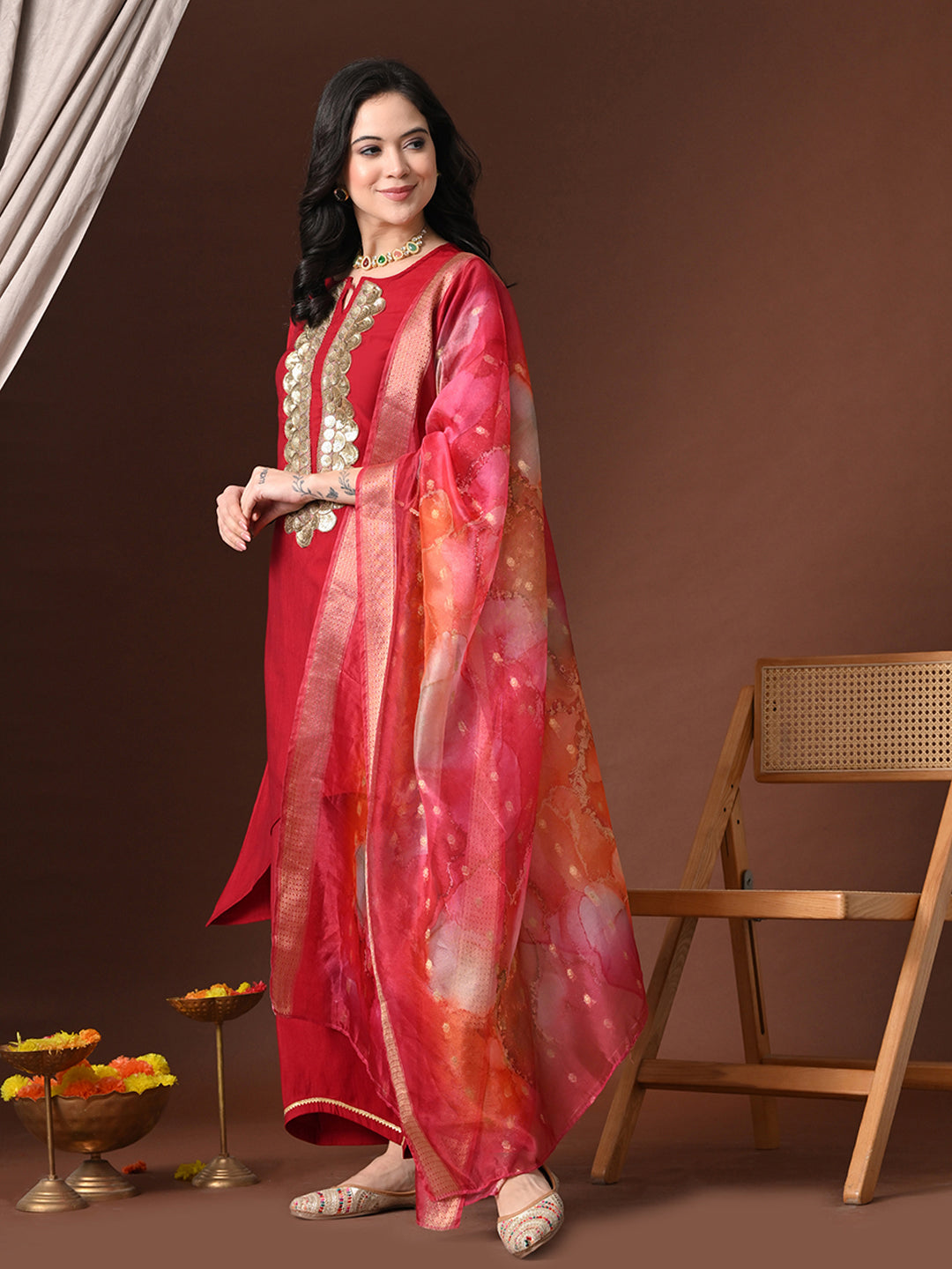 Myshka Women Red Floral Yoke Design Sequinned A-Line Kurta Set with Dupatta