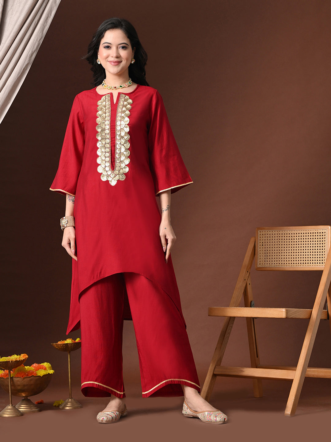 Myshka Women Red Floral Yoke Design Sequinned A-Line Kurta Set with Dupatta