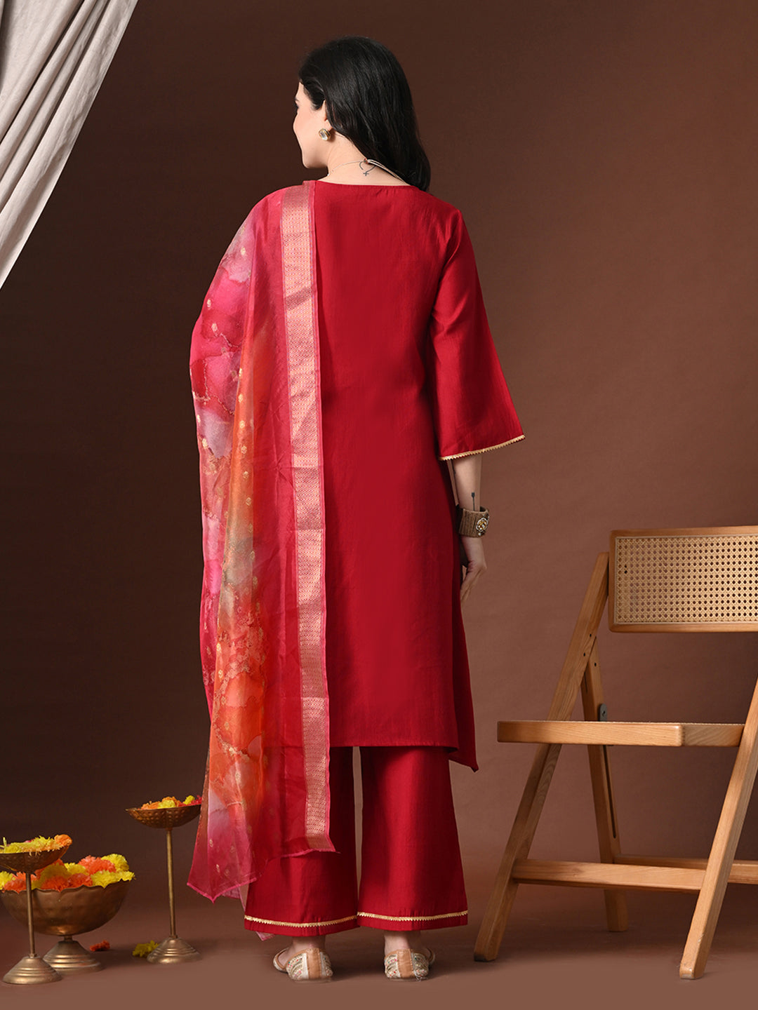 Myshka Women Red Floral Yoke Design Sequinned A-Line Kurta Set with Dupatta