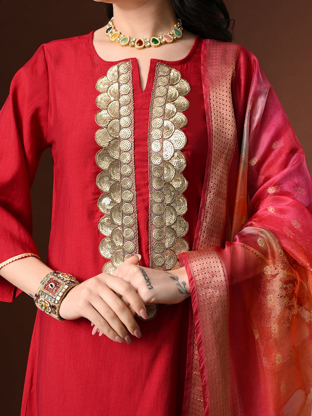 Myshka Women Red Floral Yoke Design Sequinned A-Line Kurta Set with Dupatta