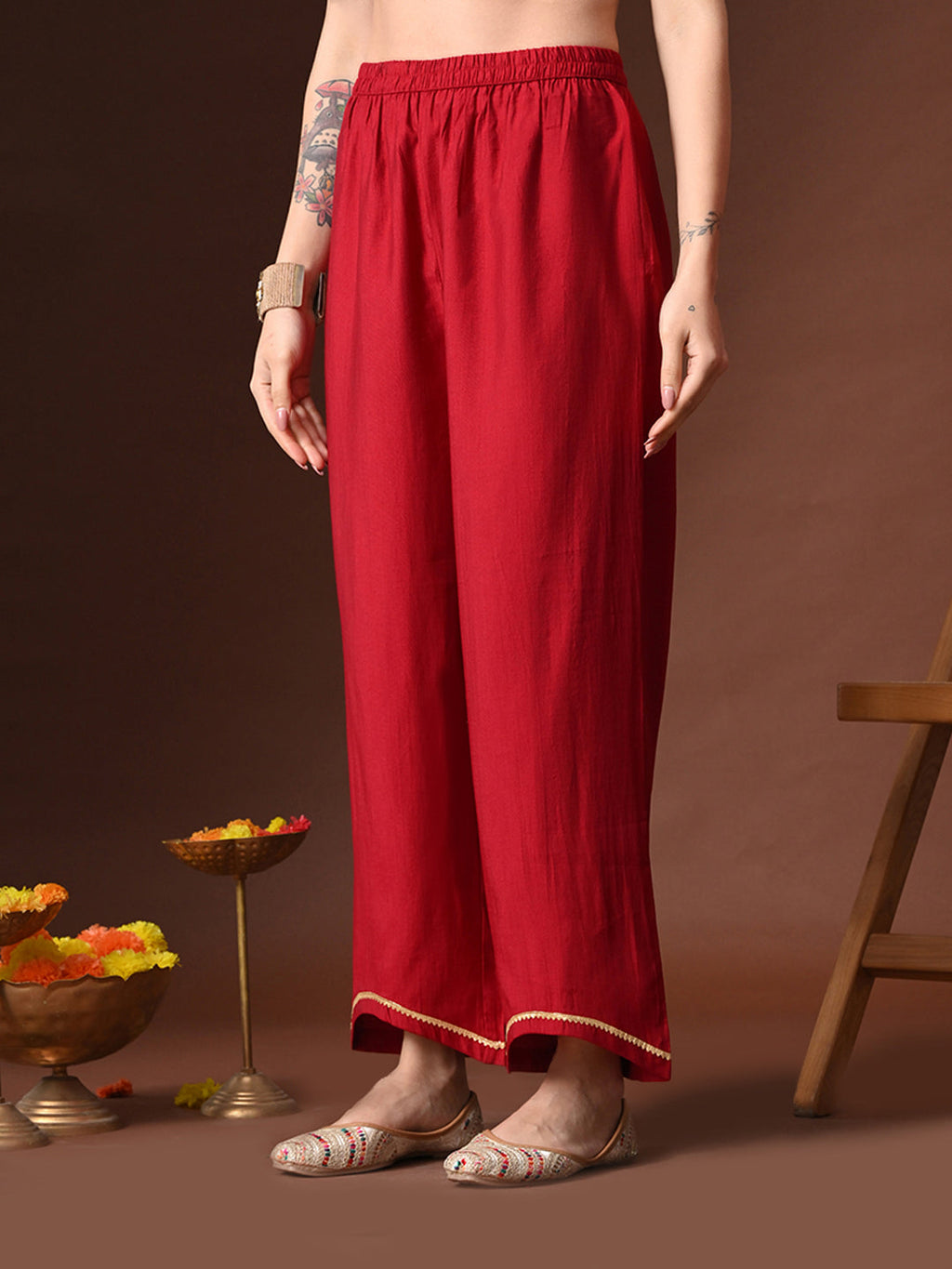 Myshka Women Red Floral Yoke Design Sequinned A-Line Kurta Set with Dupatta