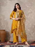 Myshka Women Mustard Floral Yoke Design Sequinned A-Line Kurta Set with Dupatta